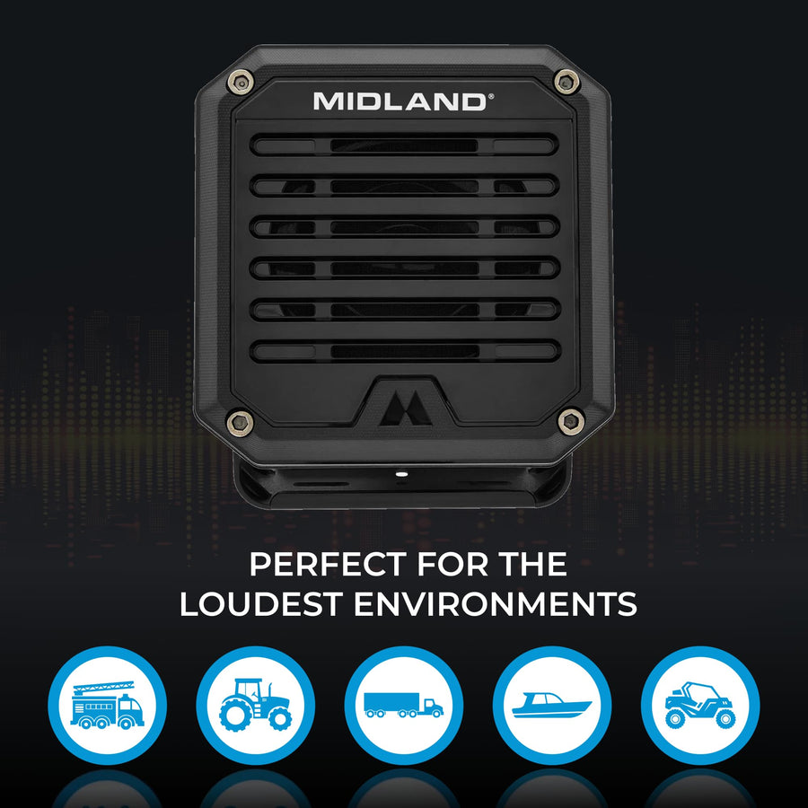 SPK100 Midland Heavy-Duty 20W External Speaker - 180 Degrees Swivel Base Bracket Works with All CB and MXT Radios 8-OHM Sound System 3.5mm Audio Plug - Easy Installation Waterproof Design