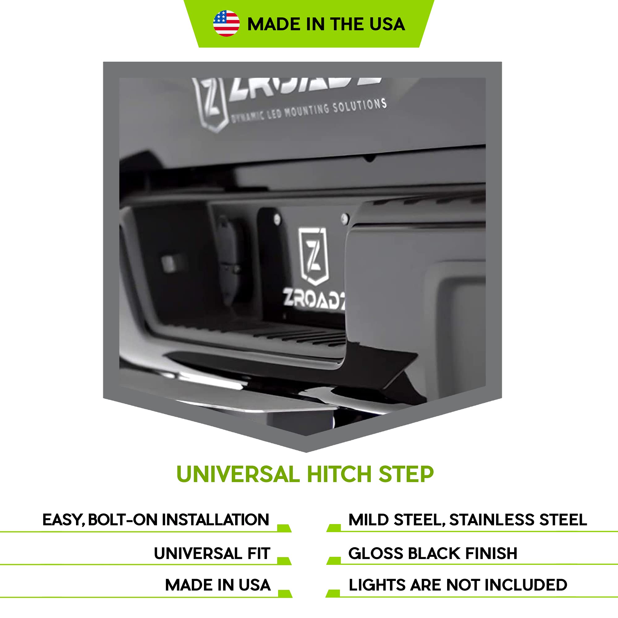 ZROADZ Universal 2" Hitch Step LED - Black Mild Steel - Bolt-on, No Drilling - to Mount (2) 3 Inch ZROADZ or Similar Style LED Pod Lights - PN#Z390010