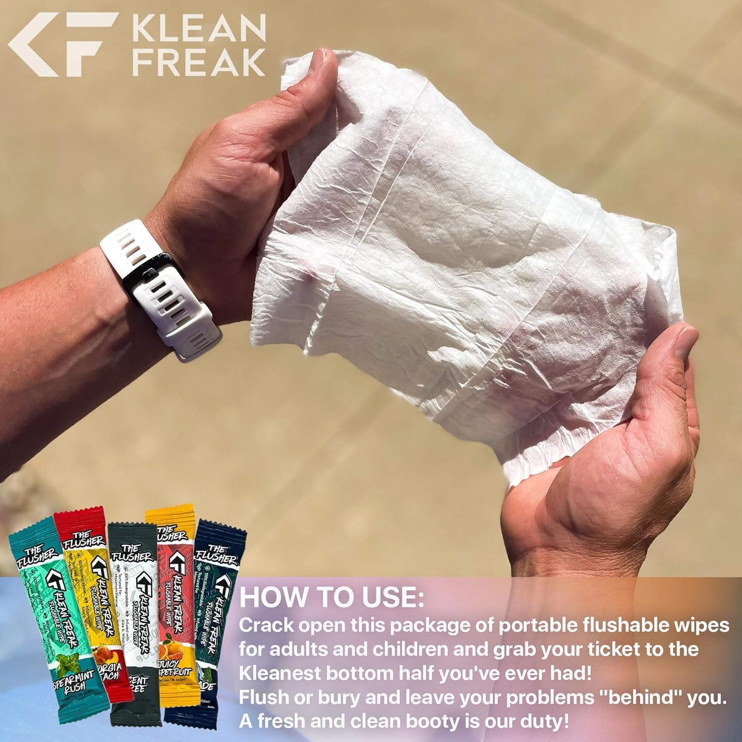 FLUSHER THE KLEAN FREAK - Flushable Wipes For Adults & Kids - 100% BIODEGRADABLE Individual Wrapped Travel WET Wipe for Toilet - Soothing Aloe & Witch Hazel - Alcohol Free 20 Pack - Kascade Pine