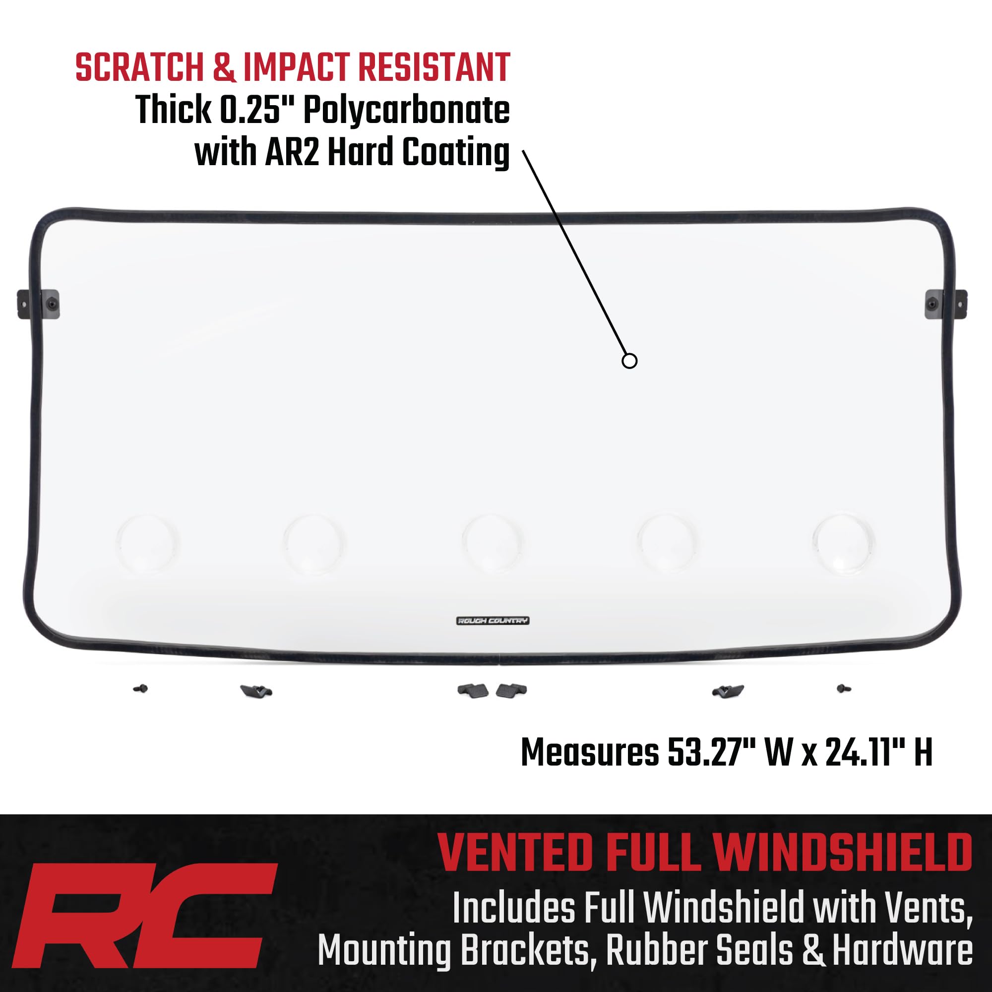 Vented Rough Country Full Windshield for Polaris Xpedition - Scratch Resistant 1/4" Polycarbonate, 250x Stronger than Glass