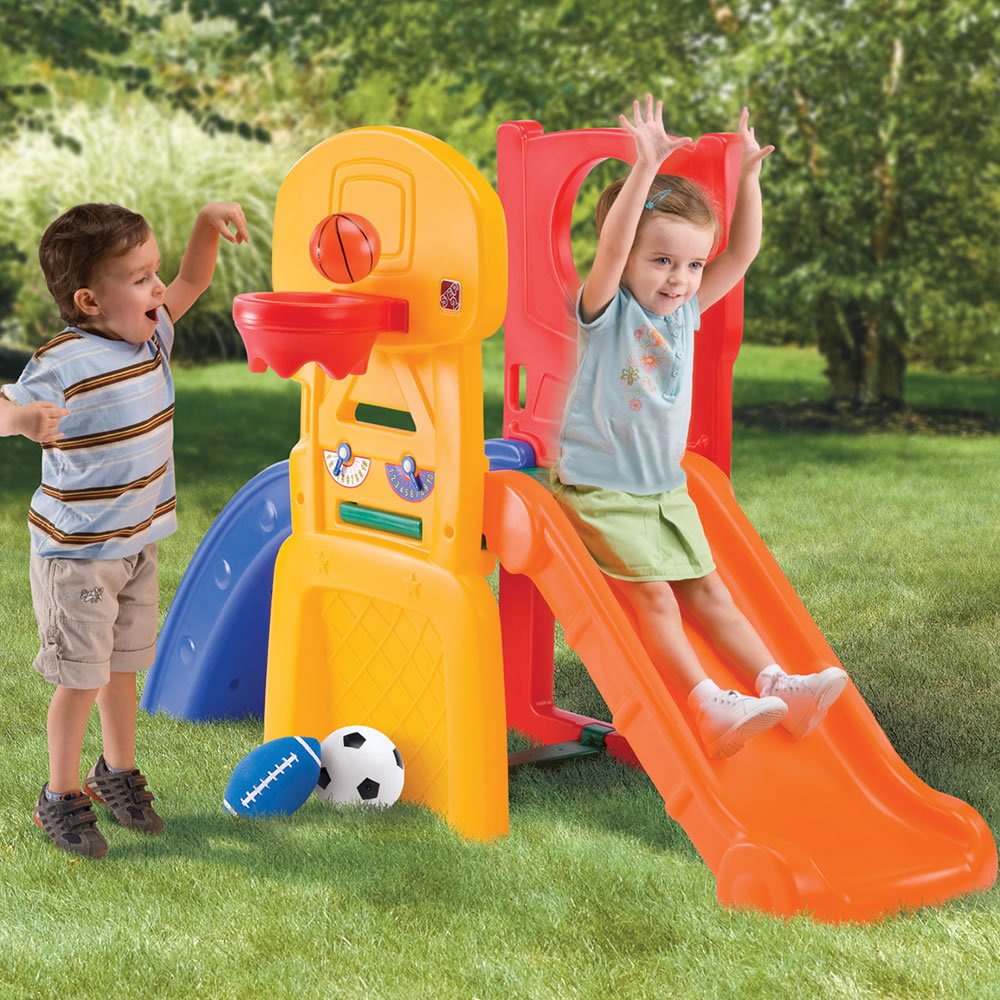Step2 All-Star Sports Climber, Indoor/Outdoor Kids Playset, Backyard Playground Set, Slides, Climbing, Basketball Hoop, Football Toss, Soccer Goal, Balls Included, Jungle Gym, 3-6 Years Old Toddlers