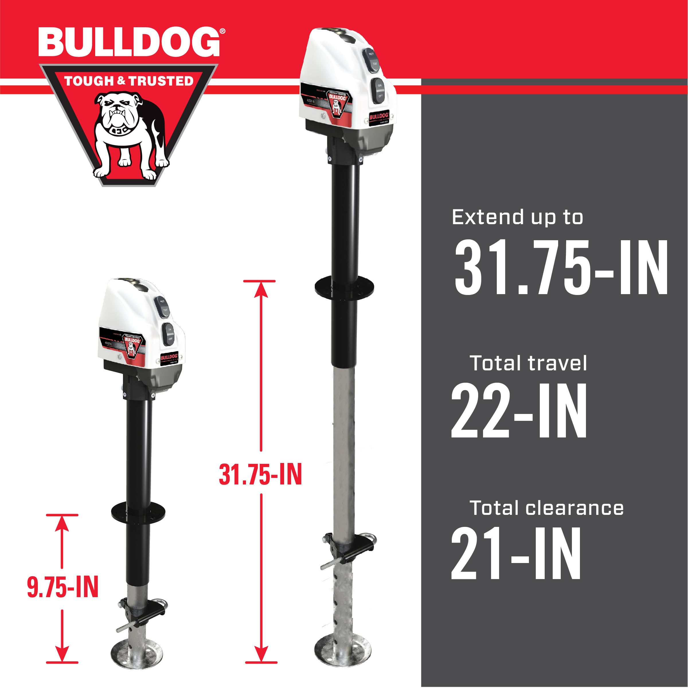 500200 Bulldog Cases Powered Trailer Jack, A-Frame, 4,000 lbs. Lift Capacity, Bolt-On, 22 Inch Travel