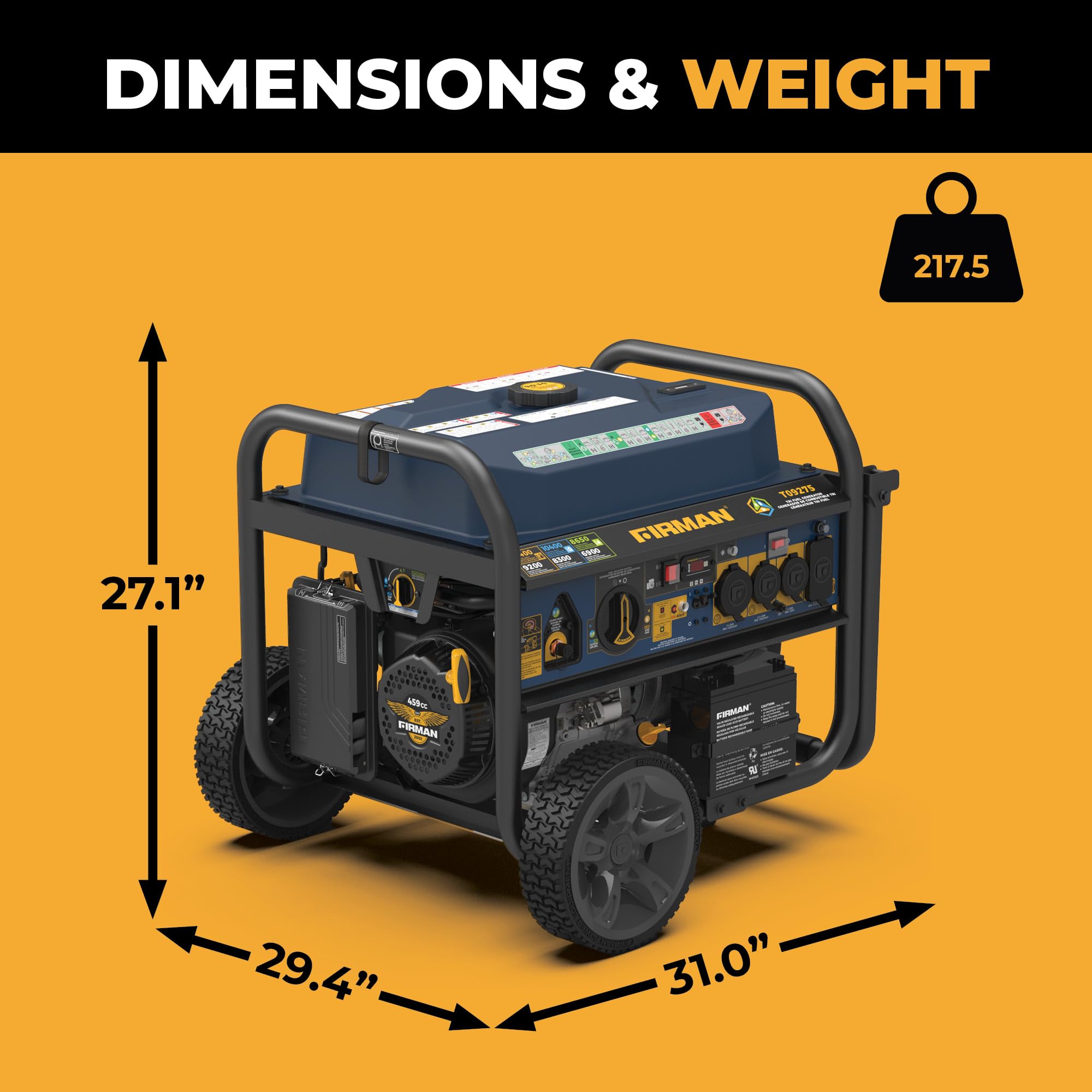 FIRMAN Tri Fuel T09275 Portable Generator, 11400W Electric Start, 120V/240V, CO Alert, 459cc Engine, 9-Gallon Tank, 11 Hrs Runtime, Wheel Kit, Ideal for Home Backup, RV, Camping & Emergency Power