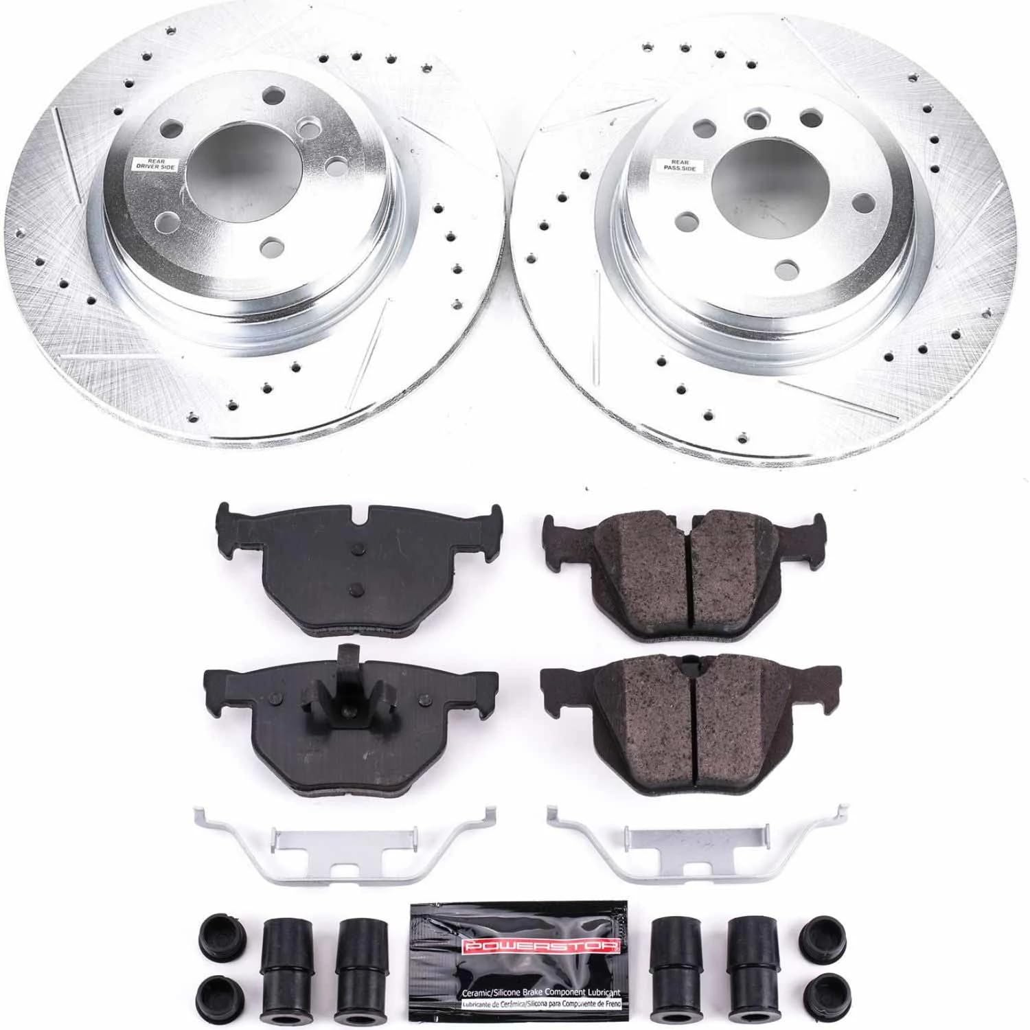Power Stop K045 Rear Brake Pads Z23 Carbon Fiber with Drilled & Slotted Brake Rotors Kit and 1 Rear Sensor Wire For BMW 3, BMW 33, BMW 335d, BMW 335i, BMW 335i xDrive, BMW 335xi [Model Specific]
