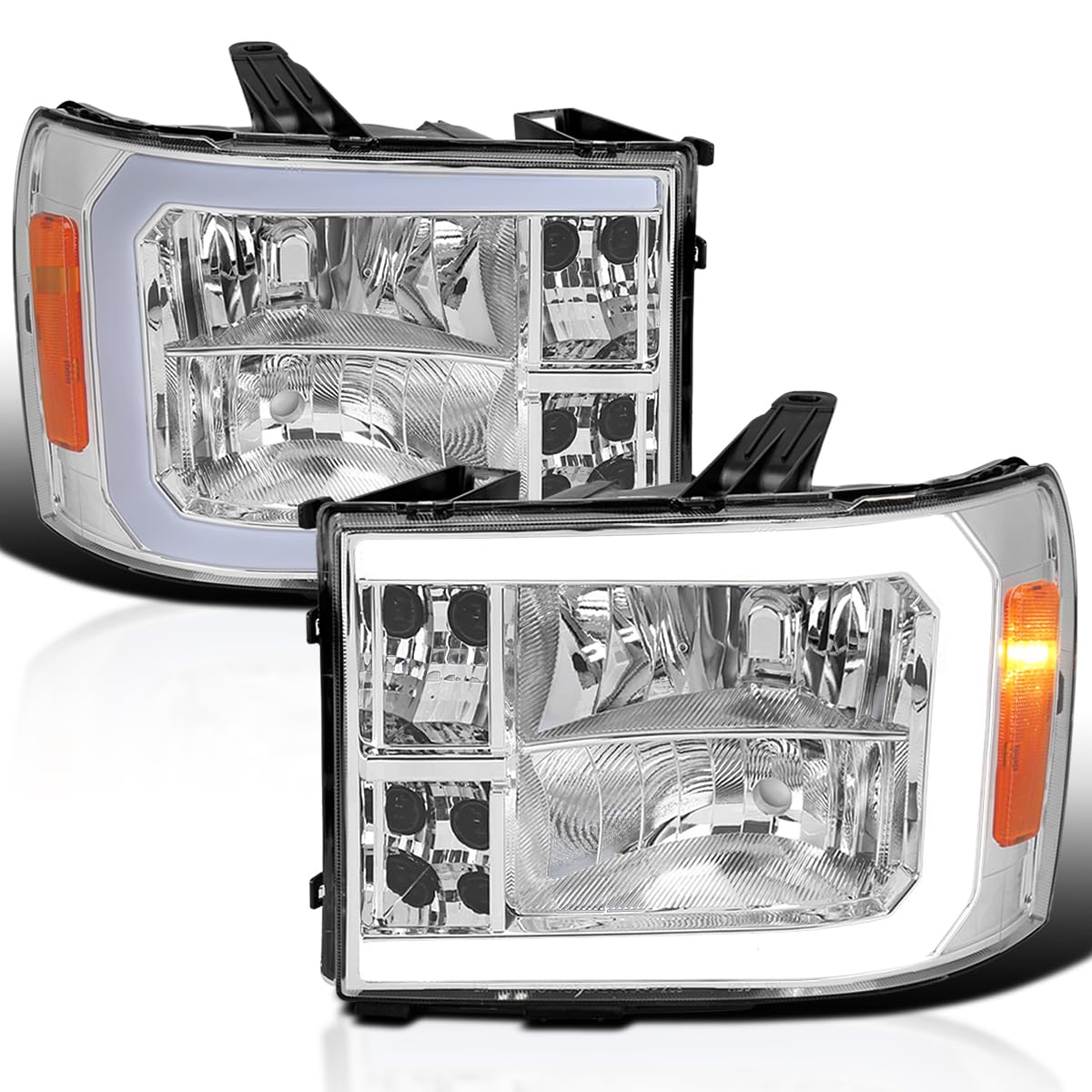 Chrome Headlights w/LED Bar SPEC-D TUNING Compatible with 2007-2013 GMC Sierra 1500, 2500HD, 3500HD, Left + Right Pair Headlamp Assembly