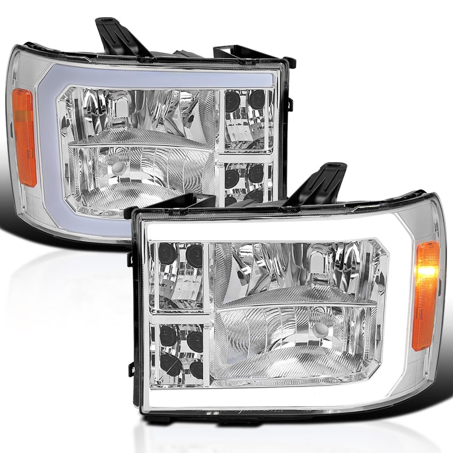 Chrome Headlights w/LED Bar SPEC-D TUNING Compatible with 2007-2013 GMC Sierra 1500, 2500HD, 3500HD, Left + Right Pair Headlamp Assembly