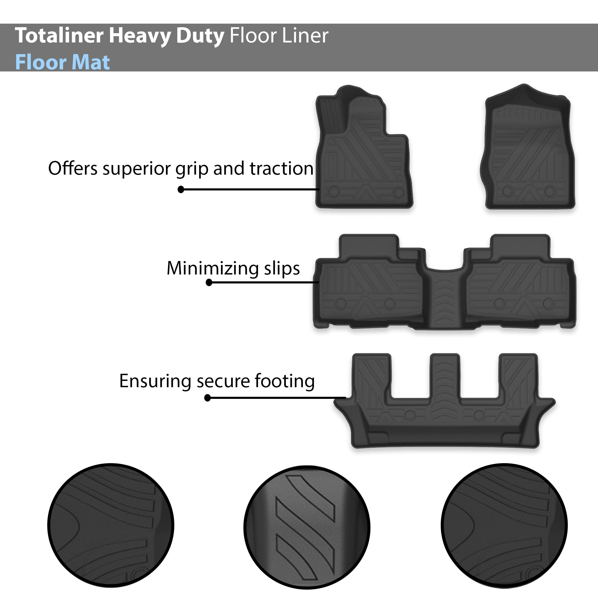 TOTALINER Black Horse Heavy Duty Floor Mat Anti-Skid Black 1.37'' Thickness Compatible with 2023-2024 Ford Explorer 7-Seats -FMFEX23