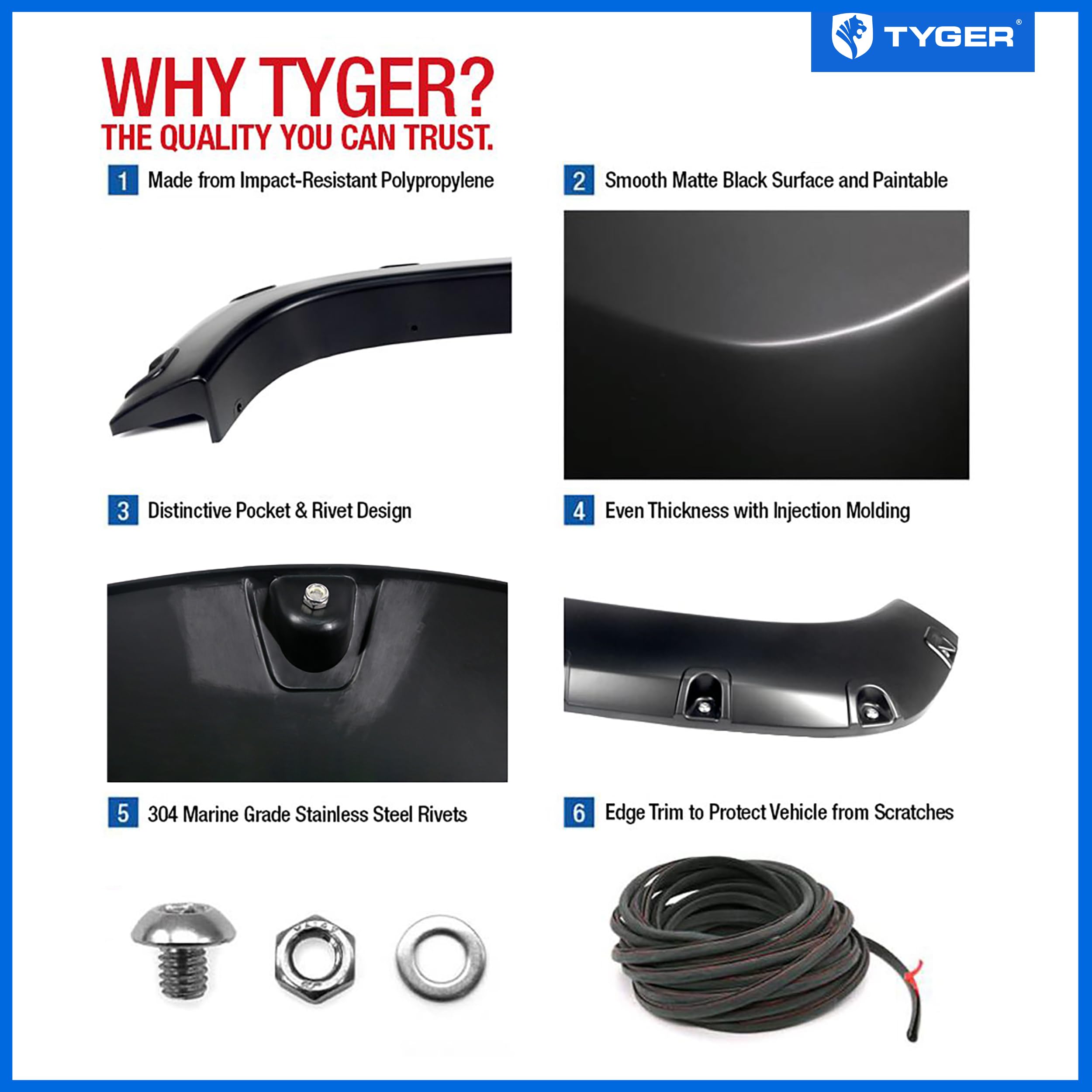 Tyger Auto Fender Flare 2014-2018 Compatible with Chevy Silverado 1500 5.8' Bed, Smooth Textured Black Paintable Bolt-Riveted Style 4pc | TG-FF8C4118