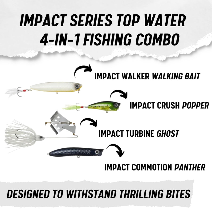 Top Water Fishing Lures Kit LUNKERHUNT | (4-Pack | Impact Series Fishing Baits for Bass, Trout, Pike Includes: Spinnerbait, Hard Bait, Popper