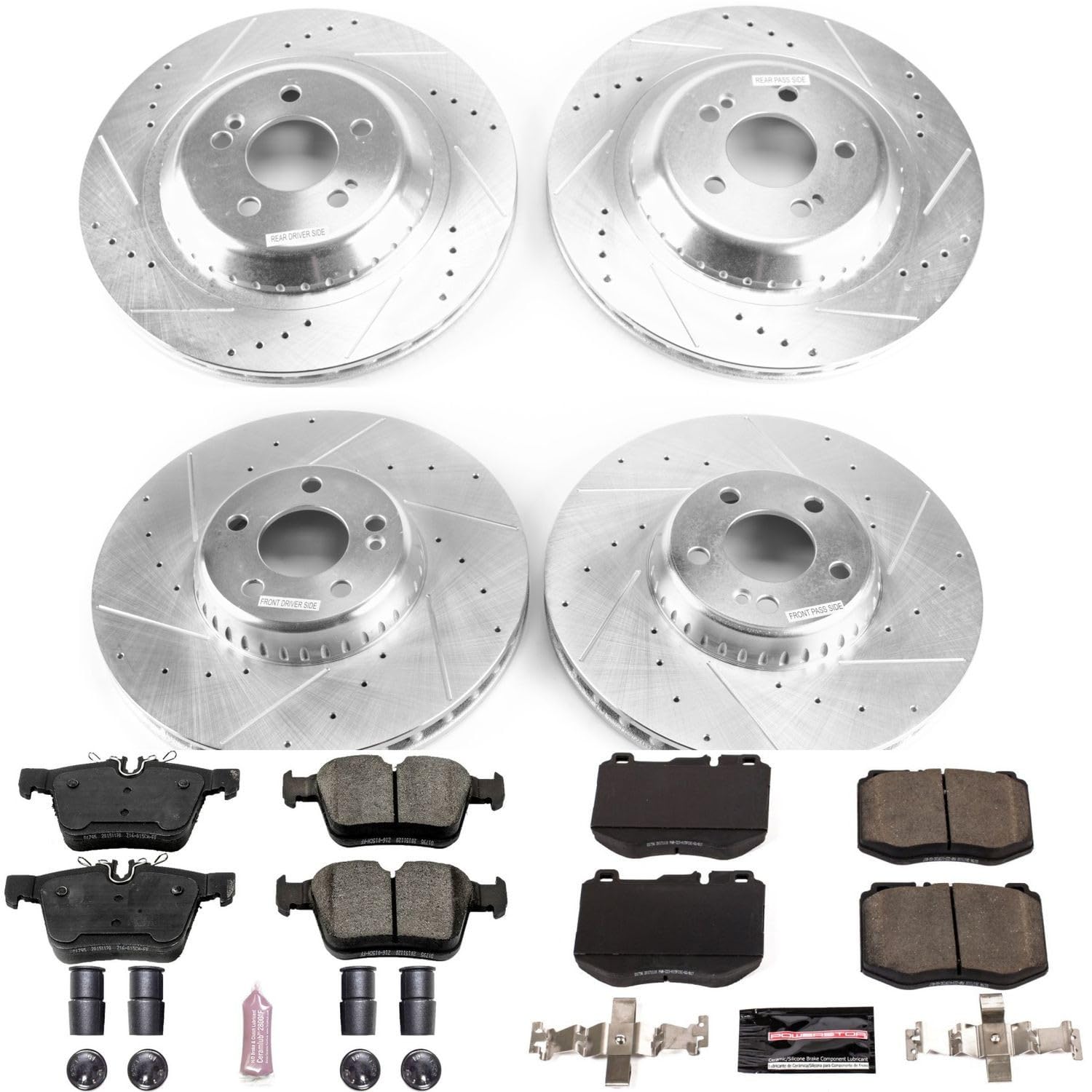 Power Stop K8050 Z23 Carbon Fiber Brake Pads Front and Rear with Drilled & Slotted Brake Rotors Kit and 1 Front & 1 Rear Sensor Wires For Mercedes C300, Mercedes C350e, Mercedes [Model Specific]