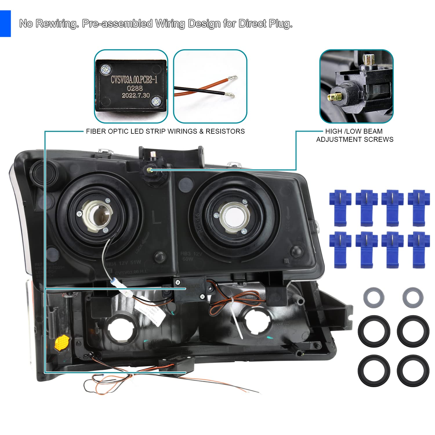Black LED Bar Headlights Spec-D Tuning Compatible with 2003-2007 Chevy Silverado, Left + Right Pair Headlamps Assembly