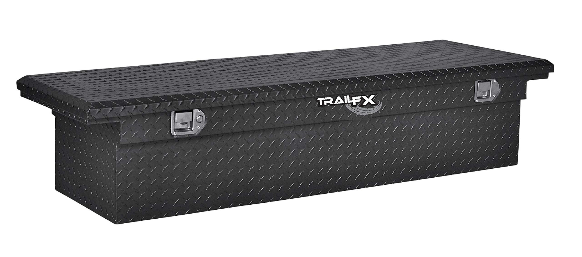TrailFX Crossover Truck Tool Box Low Profile Single Lid Diamond Tread Matte Black 16 Gauge Aluminum 10.5 Cubic Feet Capacity Lockable Lid With Tray TrailFX 120723