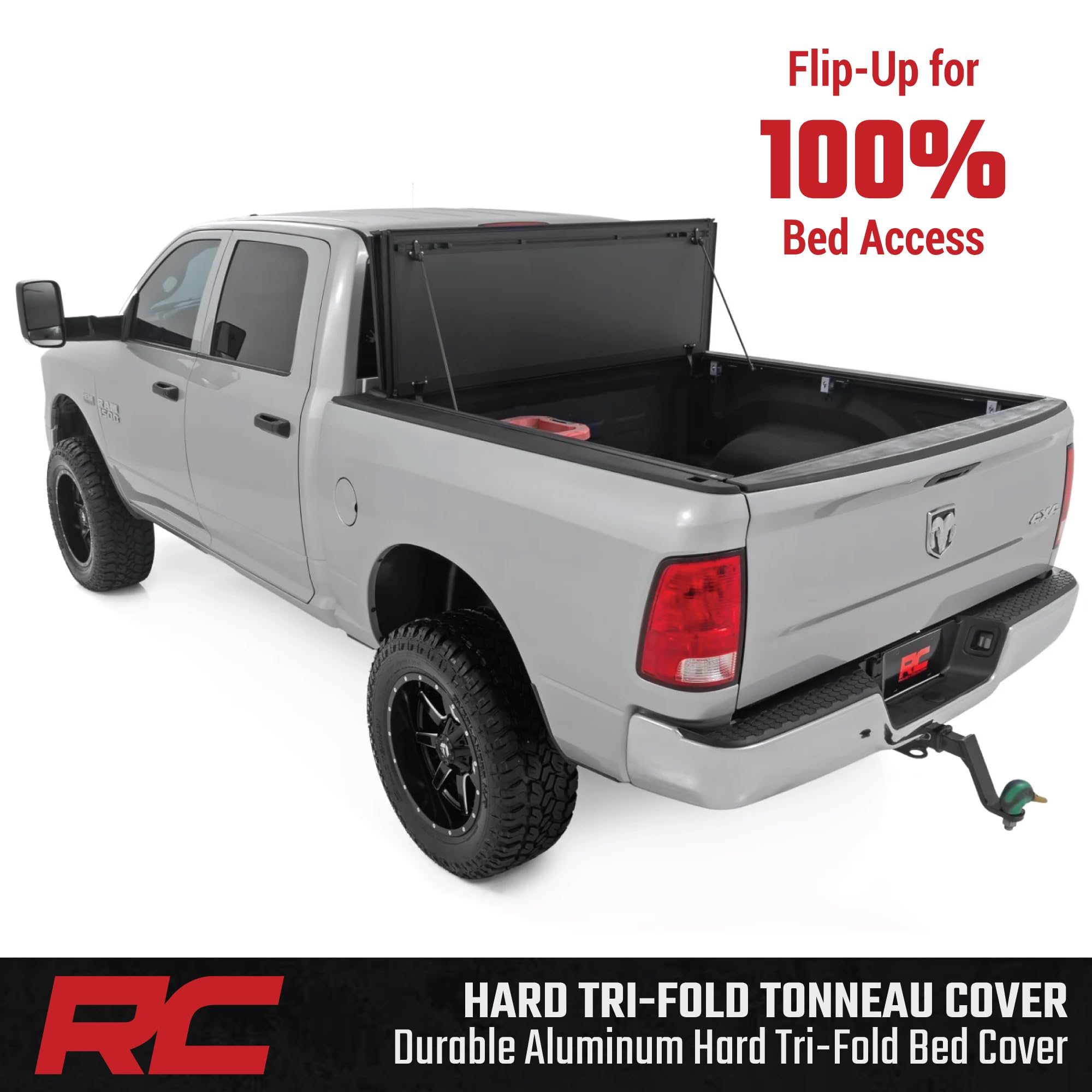 Rough Country Tonneau Cover Hard Flip Up for Dodge Ram 1500 (2009-2018) & 2500 (2010-2025) - Aluminum Tri-Fold Bed Cover, Fits 6'4 (76.3") Bed