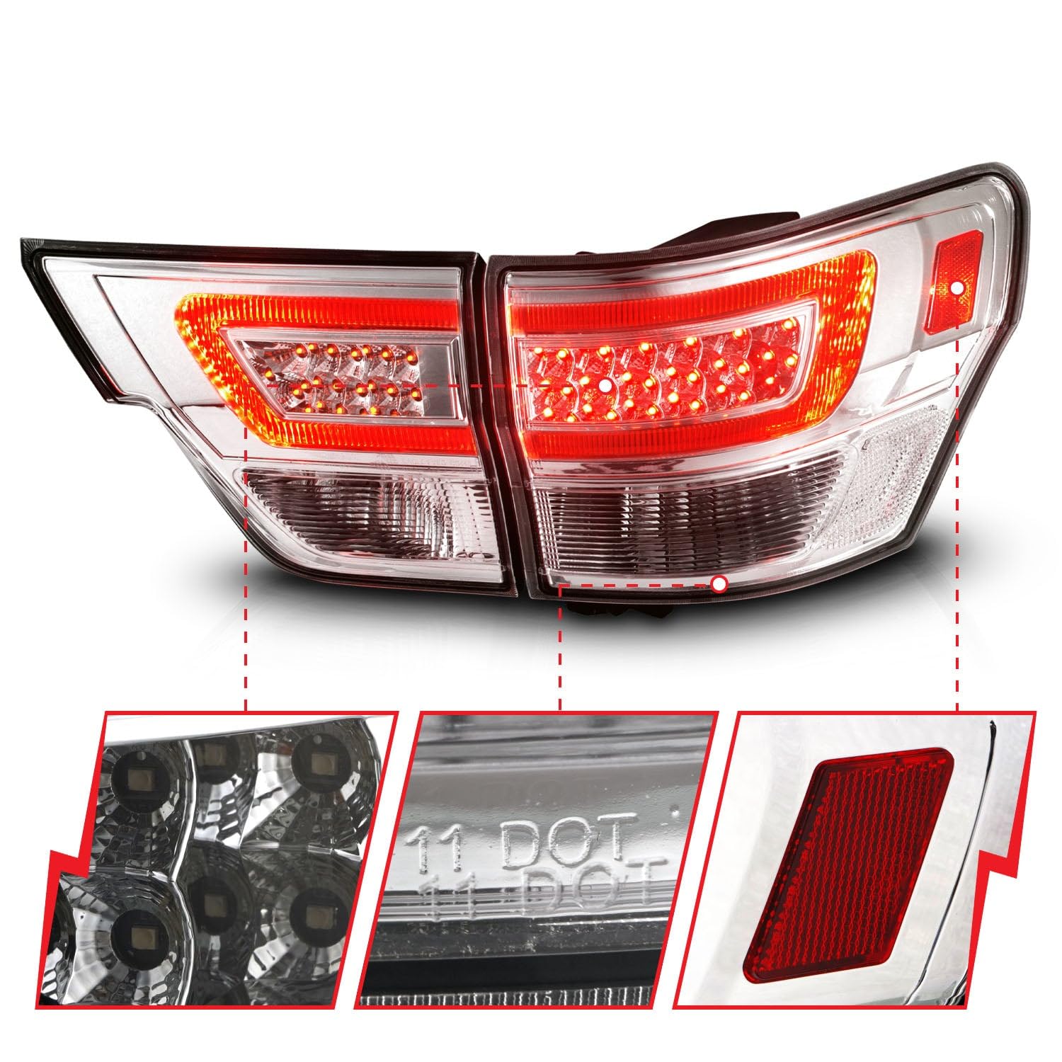 11-13 Jeep Grand Cherokee ANZO LED Taillights w/Lightbar Chrome Housing/Clear Lens 4pcs