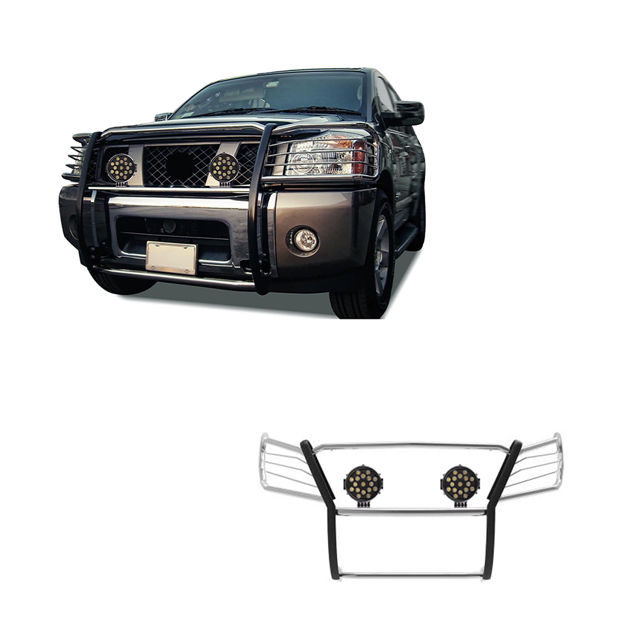 Bumper Guard Black Horse Grille brush Modular Stainless Steel Come With pair of 7.0"LED Lights with Black Trim Rings Compatible with 2005-2015 Armada|2004-2015 Titan Crew Cab & King Cab-17NR26MSS-PLB