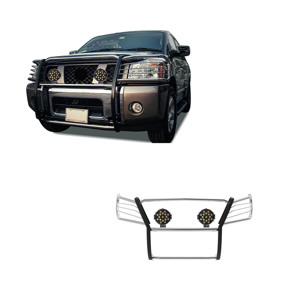 Bumper Guard Black Horse Grille brush Modular Stainless Steel Come With pair of 7.0"LED Lights with Black Trim Rings Compatible with 2005-2015 Armada|2004-2015 Titan Crew Cab & King Cab-17NR26MSS-PLB