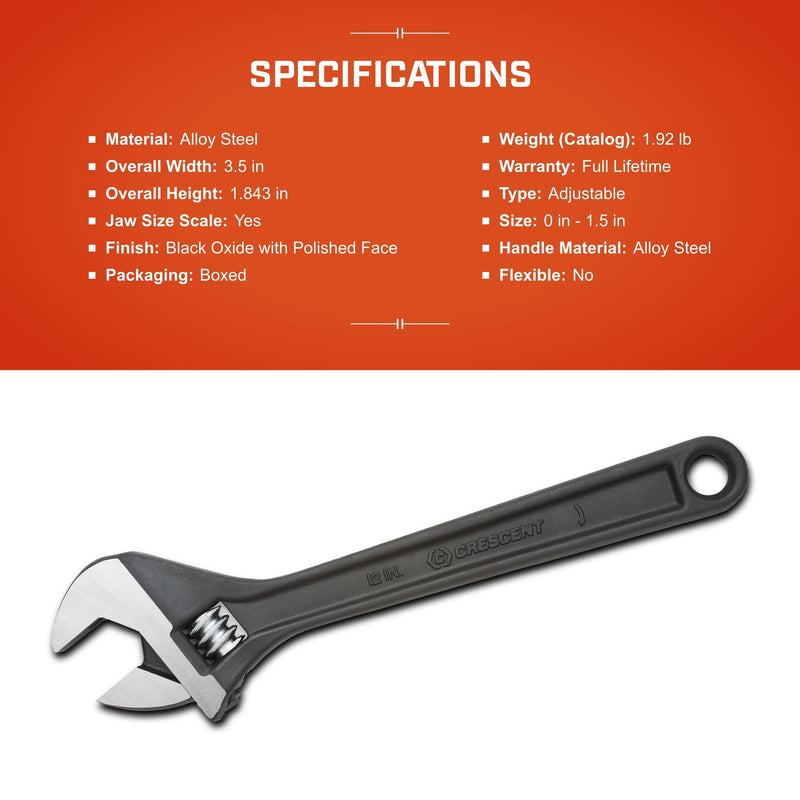 12" Adjustable Crescent Black Oxide Wrench, Boxed - AT212BK
