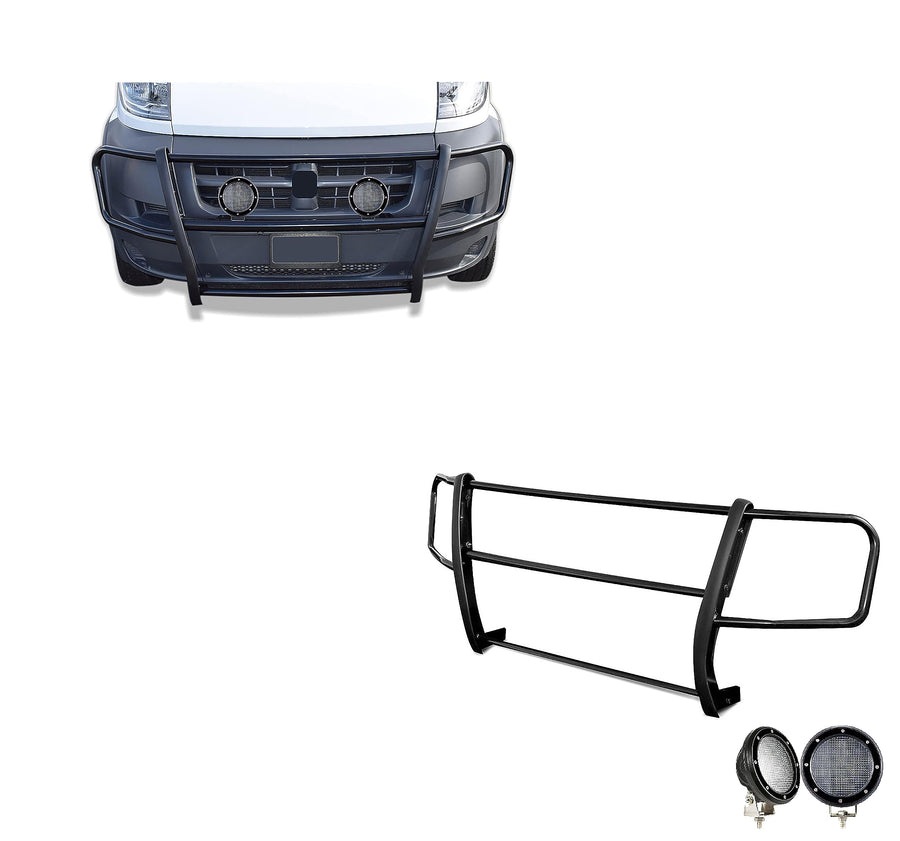 Spartan Black Horse Grille Brush Bumper Guard Modular Come with Pair of 5.3" LED Lights with Black Trim Rings Compatible with 2014-2022 Ram Promaster 1500/2500/3500-17DOPRMA-PLFB