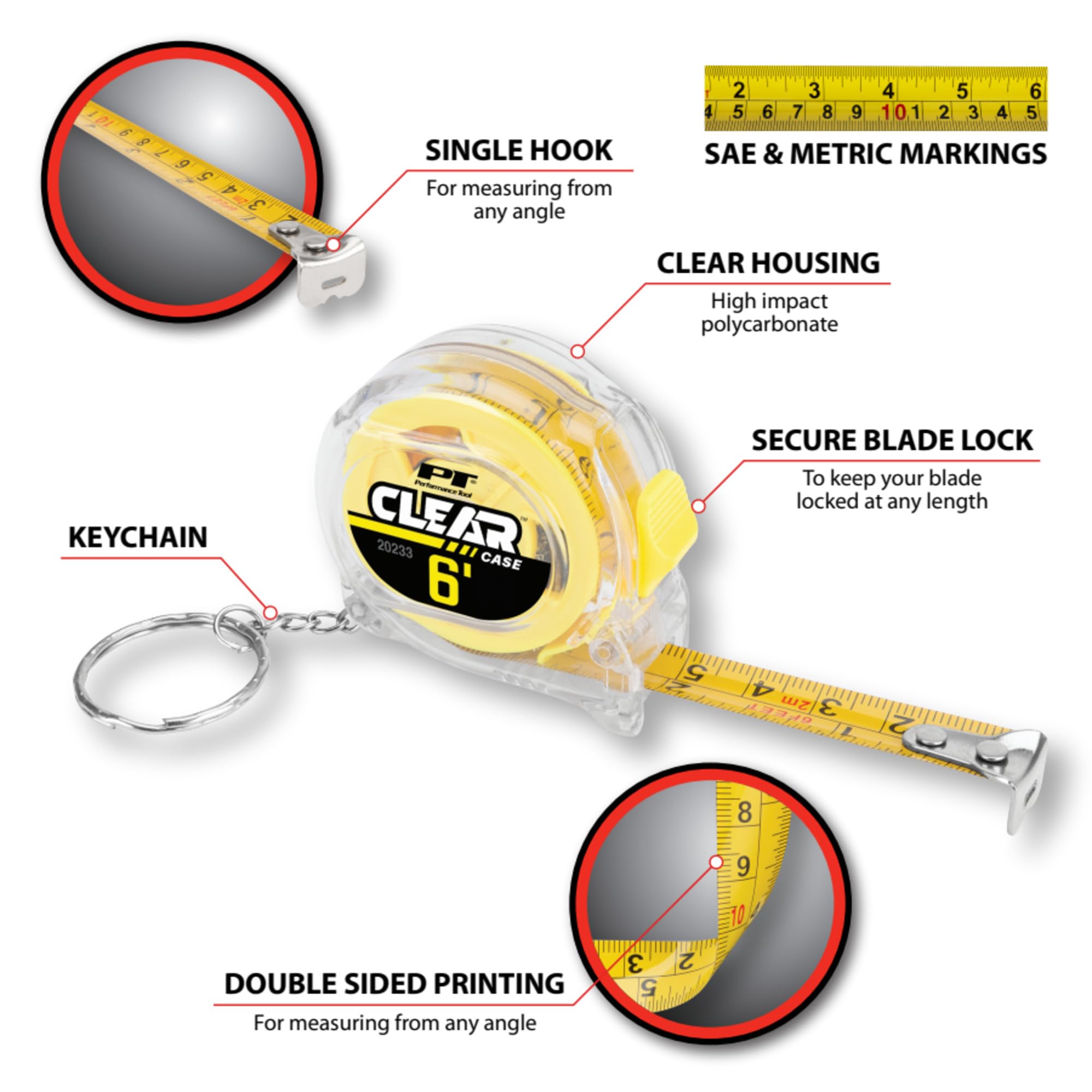 6' Clear Performance Tool Mini Tape Measure, SAE & Metric Measurements Printed on Both Sides