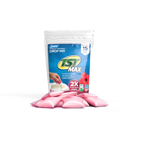 Camco TST MAX Drop-INs RV Toilet Treatment - Control Unwanted Odors & Break Down Waste and Tissue - Safe Septic Tank Treatment - Hibiscus Breeze Scent, 15-Pack (41600)