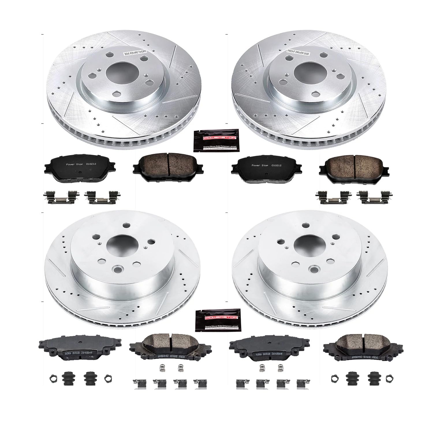 Power Stop K6927 Z23 Carbon Fiber Brake Pads Front and Rear with Drilled & Slotted Brake Rotors Kit For Lexus IS250 2014-2015 [Model Specific]