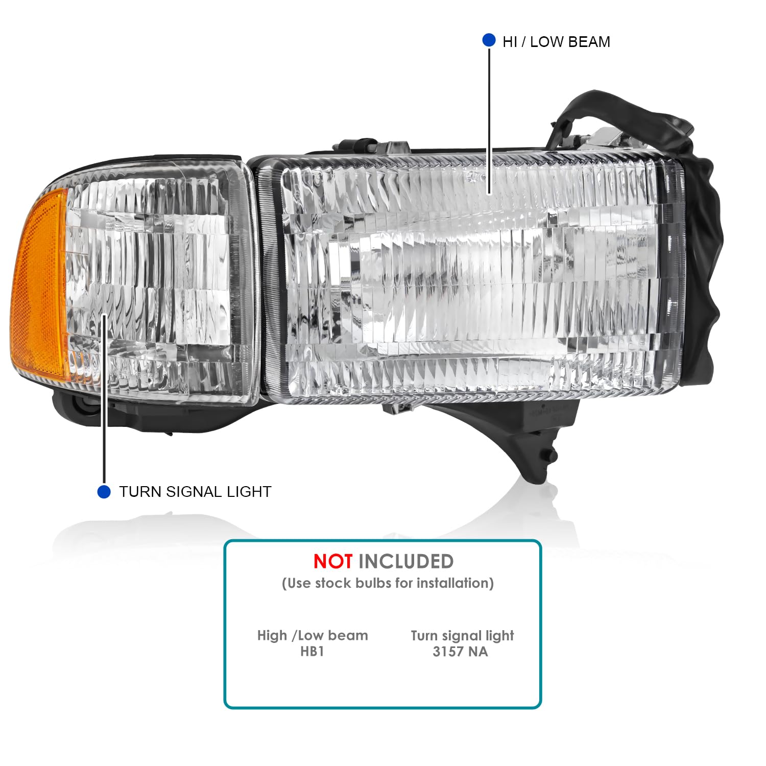Factory Replacement SPEC-D TUNING Headlights Compatible with 1994-2001 Dodge Ram 1500 2500 3500 Left + Right Head Lights Assembly