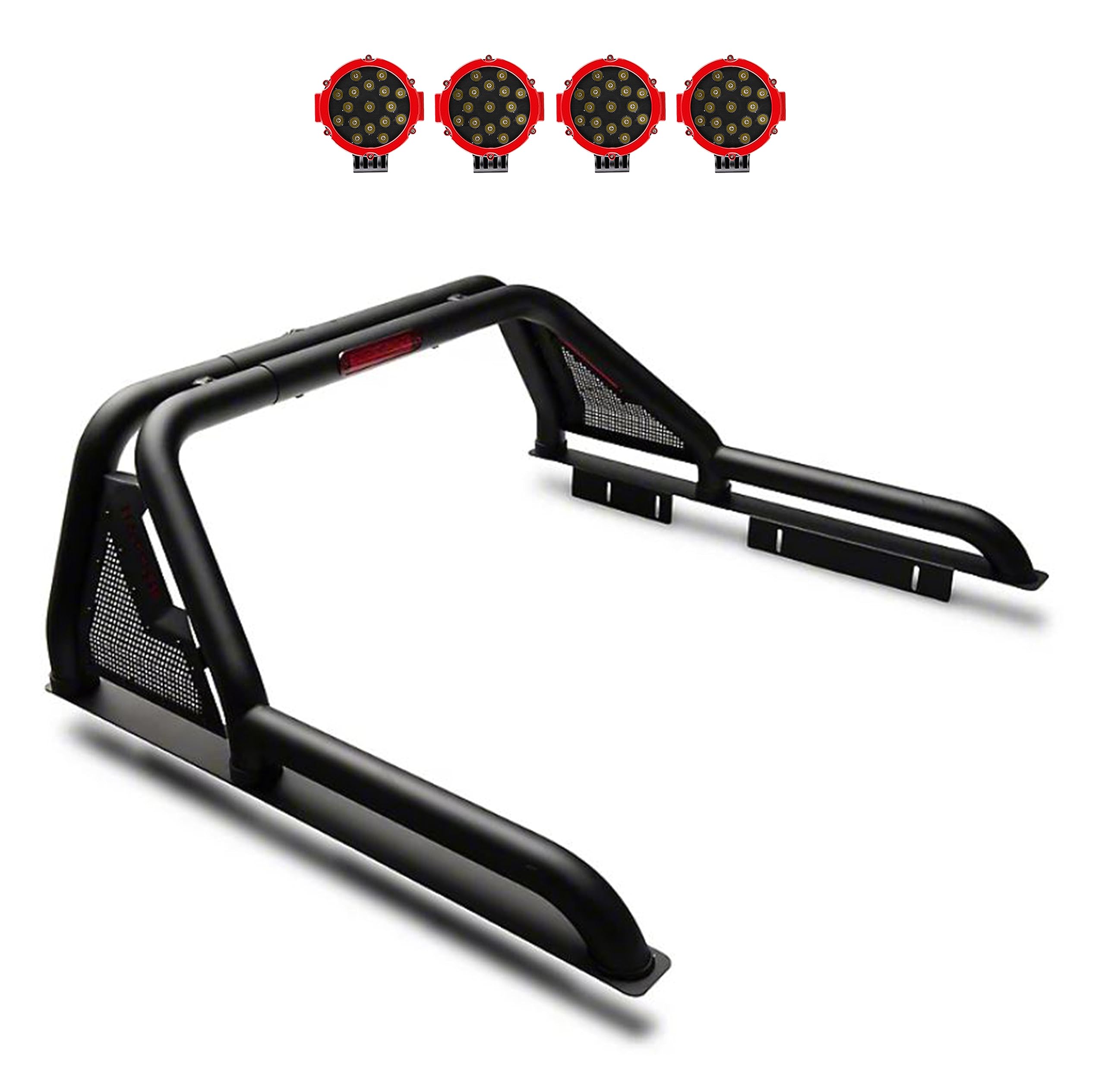 Gladiator Black Horse Roll Bar Incl. Pair of 7.0" Dia. Led Lights w/Red Trim Ring Modular Compatible with 2015-2024 GMC Canyon|2015-2024 Chevrolet Colorado|2015-2024 Toyota Tacoma-GLRB-03B-PLR