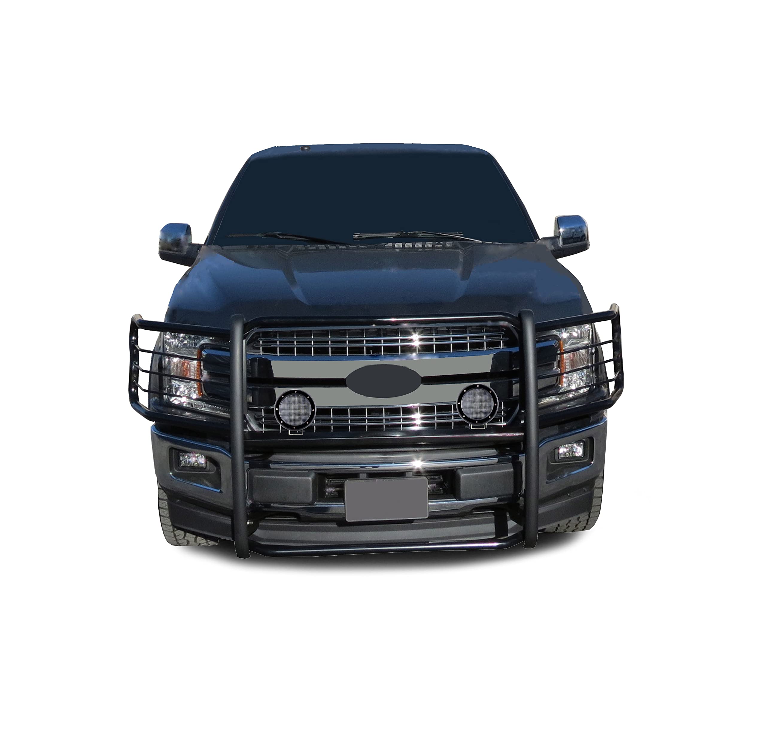 Bumper Guard Black Horse Grille brush Modular Come with Pair of 5.3" Dia.LED Lights with Black Trim Rings Compatible with 2015-2024 Ford F-150-17FP32MA-PLFB