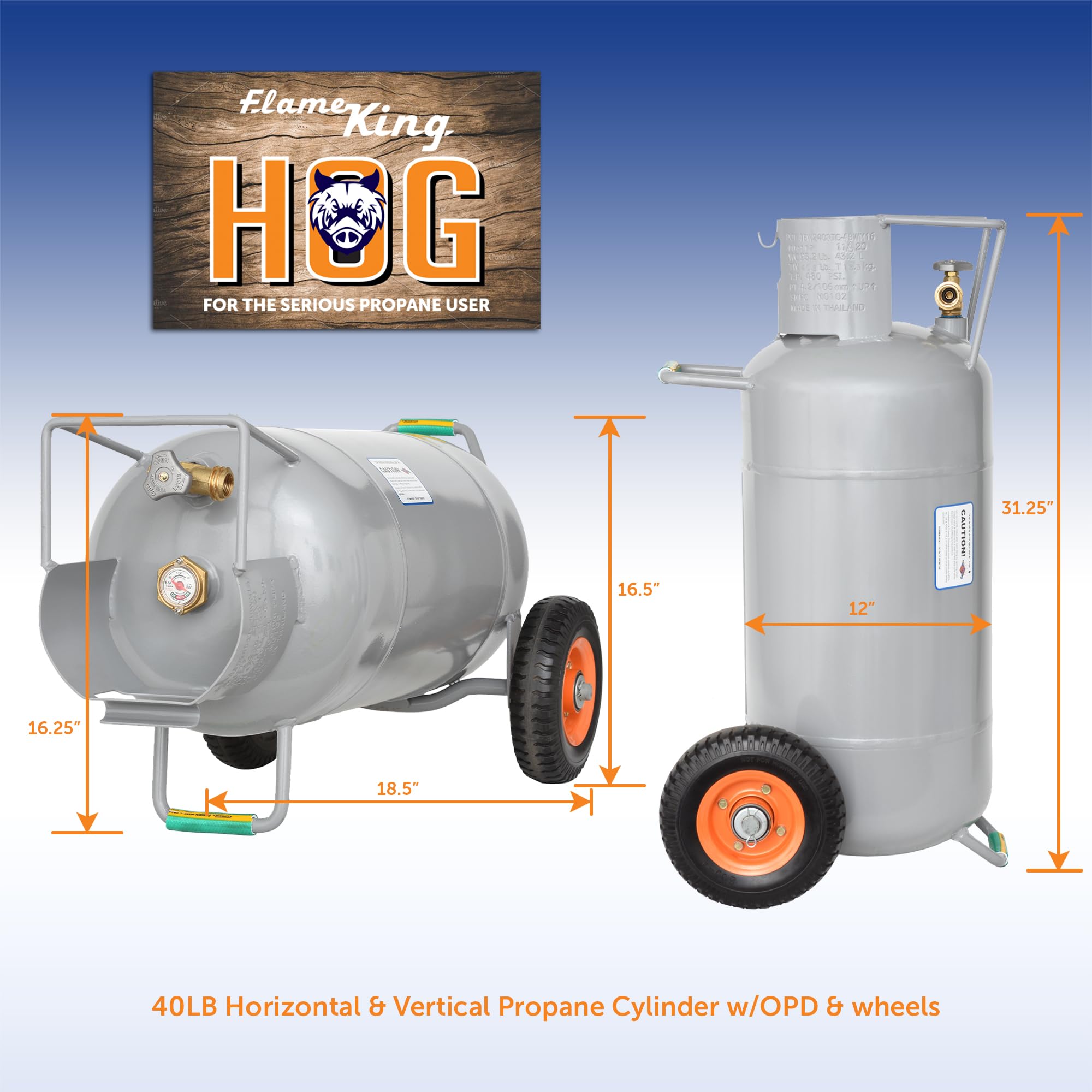 Flame King Empty 40LB Propane Tank with Wheels, Horizontal & Vertical LP Cylinder with Built-in Gauge for Fire Tables, Fire Pits, Patio Heaters, Barbeques, Lunch Trucks, Weed Torches and Truck Campers