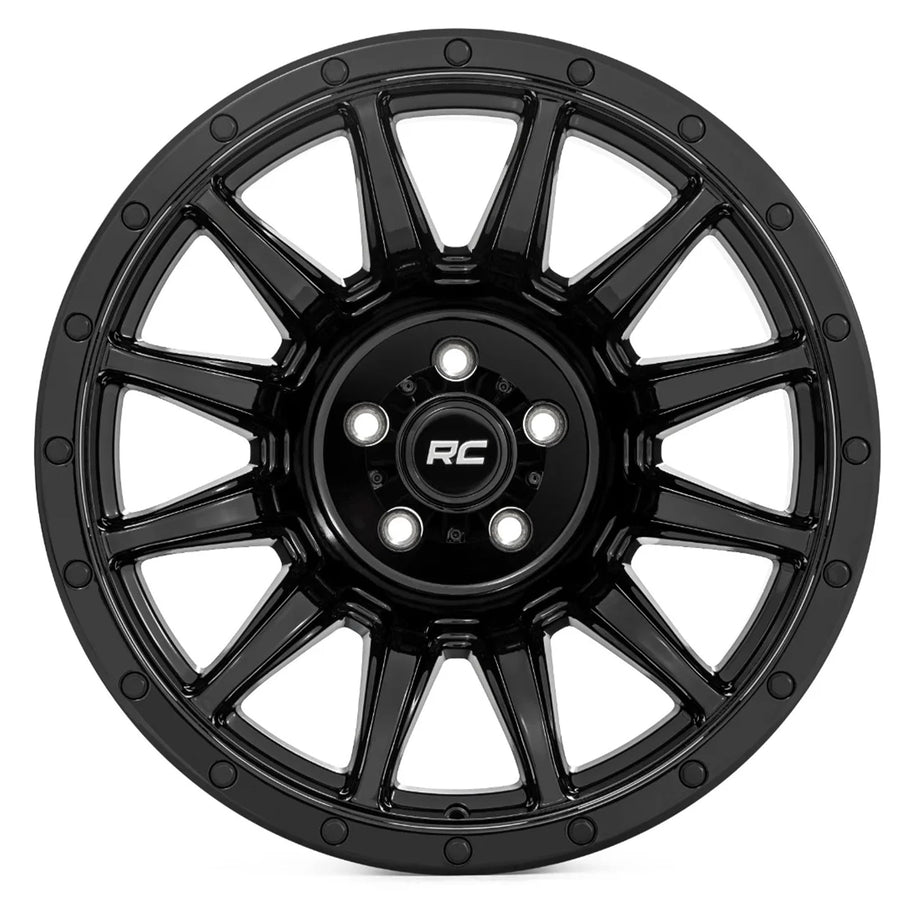 90 Series Rough Country One-Piece Aluminum Wheel - 18 x 9, 6x5.5" Bolt Pattern, 12mm Offset, Gloss Black 12-Spoke Design
