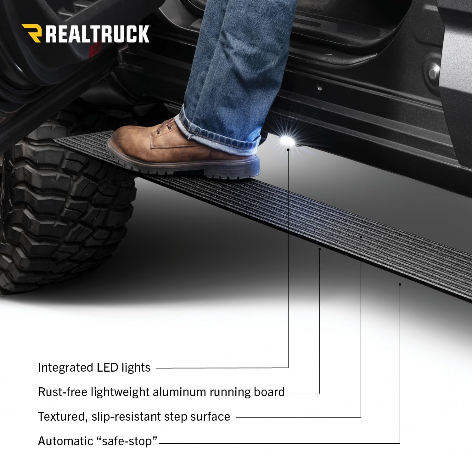 RealTruck Power Running Boards Volt for Chevrolet Silverado & GMC Sierra 1500 (2019 - 2025) Double Cab | Aluminum, Textured Black | 20404880PC | Electric Powerstep & Retractable Steps