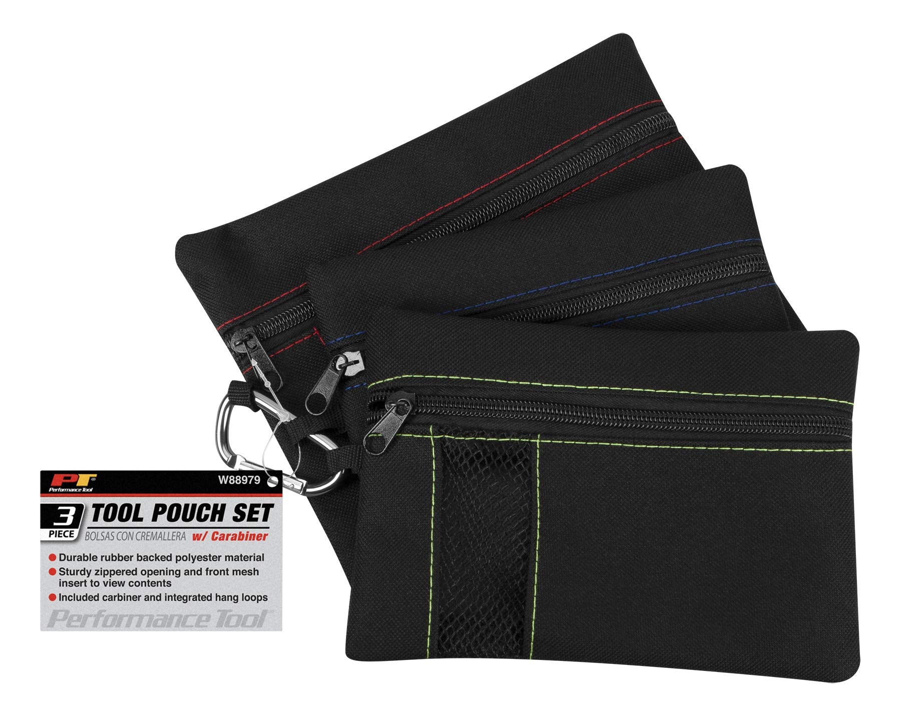 3-Bag Set Performance Tool W88979: Durable Polyester Pouches with Carabiner and Hang Loops for Parts and Accessories Organization