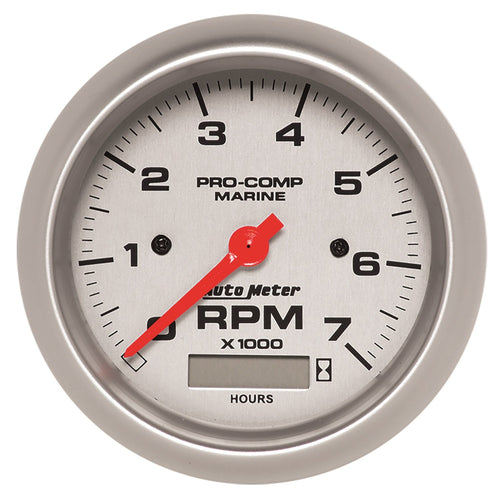 Tachometer AutoMeter Gauge, 3 3/8", 7K RPM, W/Hourmeter, Marine Silver (200890-33),Multi