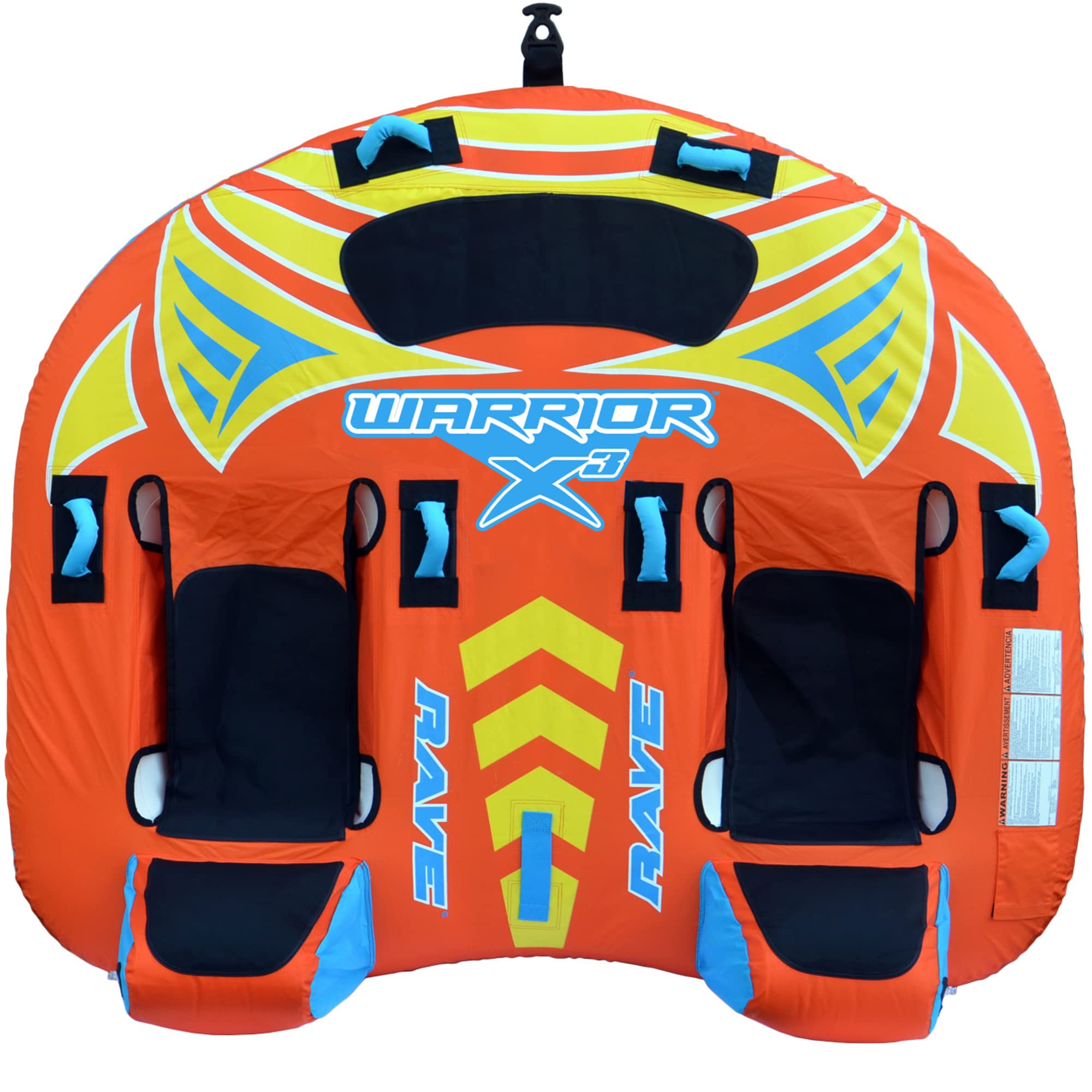 RAVE Sports Inflatable Warrior X3 Towable Tube, 1-3 Riders, Two Hammock-Style Seats with Backrests, Middle Rider Lying Down, Durable Nylon Cover, Neoprene Padding, Boat Towables-Tubes