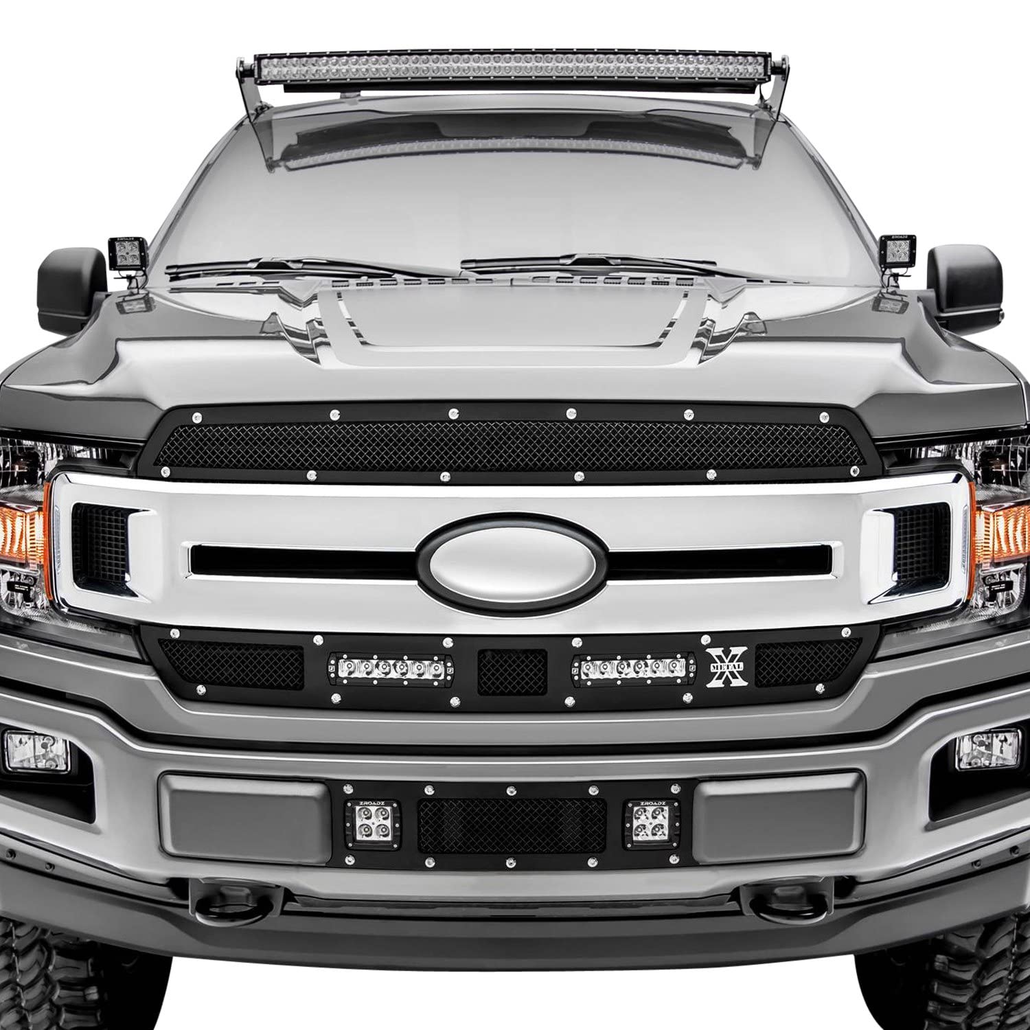 T-Rex Grilles Torch Bumper Grille 2018-2020 F-150 Limited, Lariat, Black, 1 Pc, Replacement, Chrome Studs with (2) 3 Inch LED Cube Lights - PN #6325791