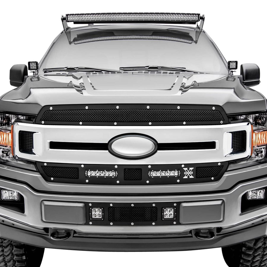 T-Rex Grilles Torch Bumper Grille 2018-2020 F-150 Limited, Lariat, Black, 1 Pc, Replacement, Chrome Studs with (2) 3 Inch LED Cube Lights - PN #6325791