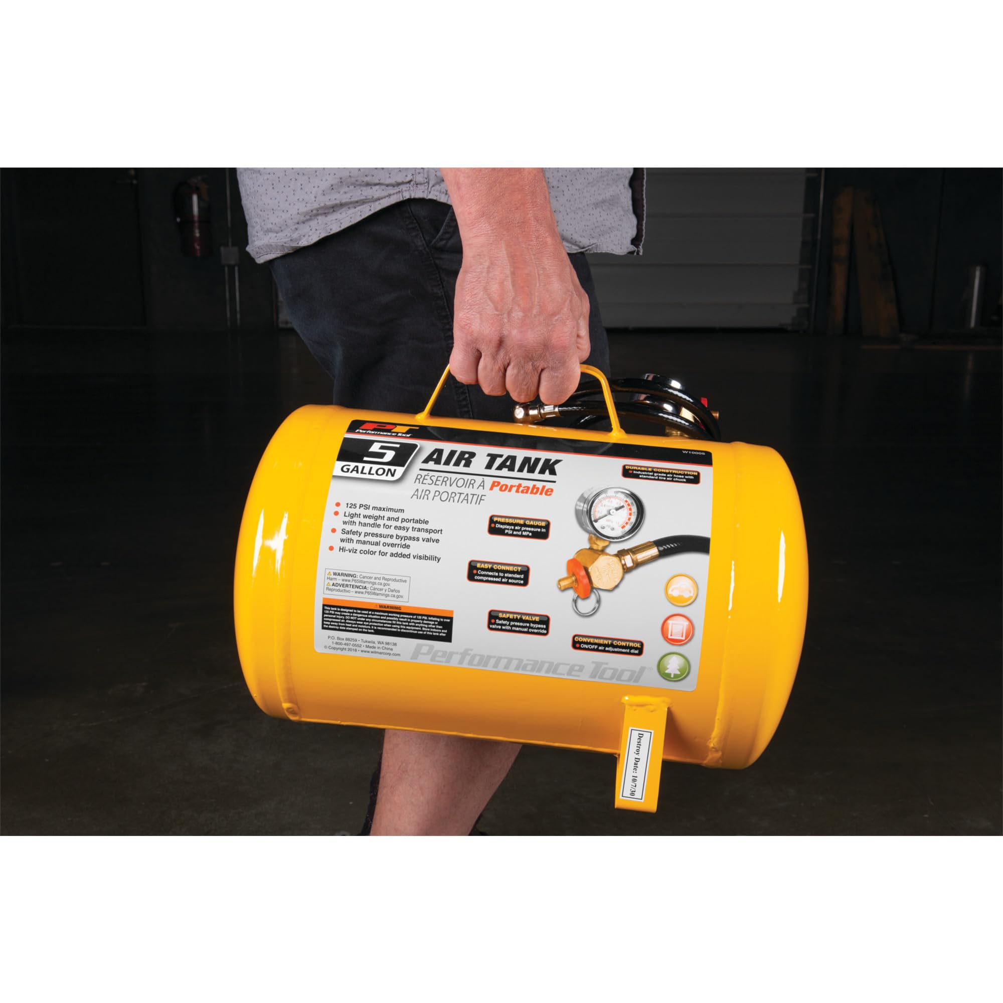 Hi-viz Performance Tool W10005 5-Gallon Horizontal Portable Air Tank With Tire Air Chuck, Yellow