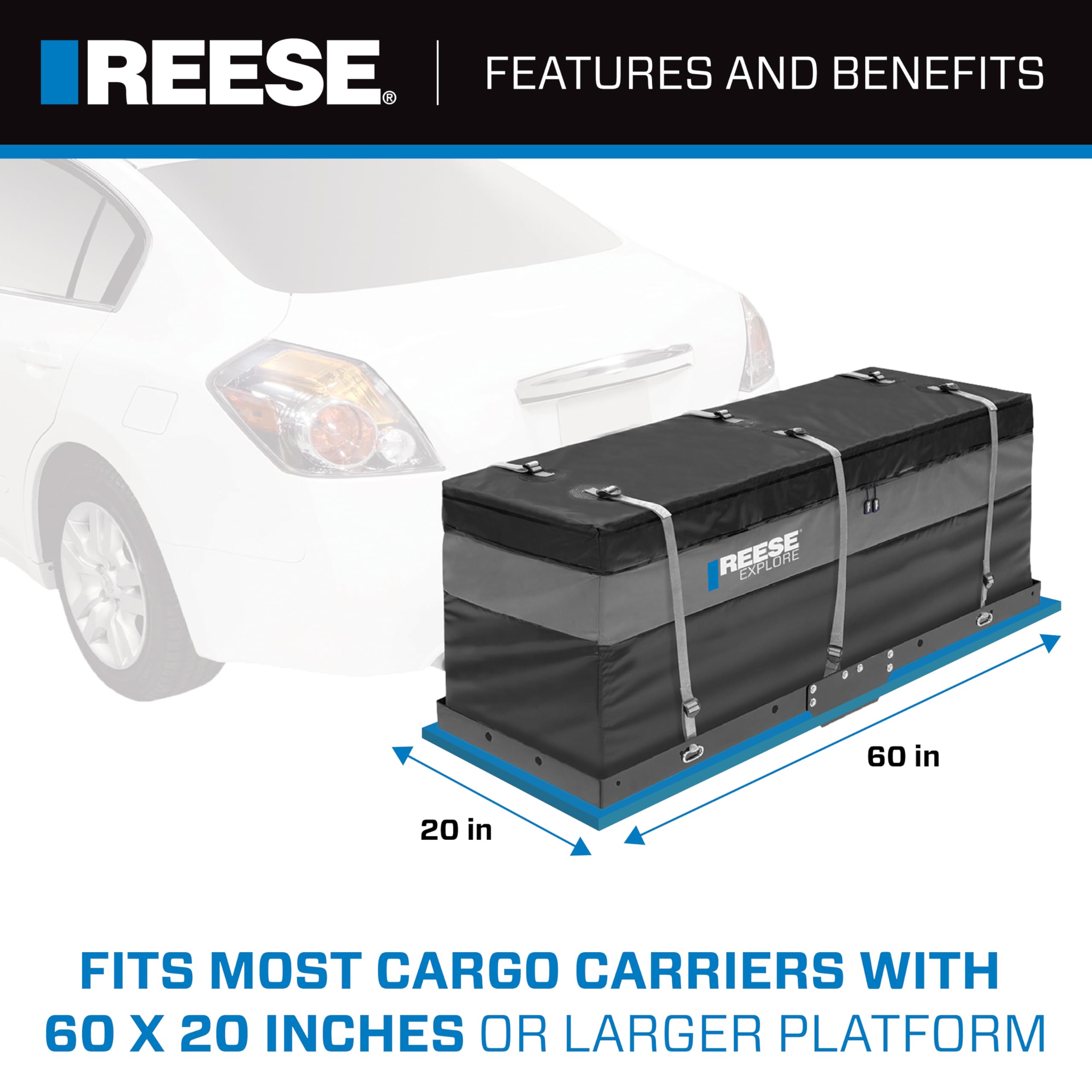 Reese 63604 Explore Amigo Hitch Mount Cargo Carrier Bag, 59 Inch x 18.5 Inch x 24 Inch, Rainproof, Fit On A Most Full-Size Hitch Mounted Cargo Carriers.