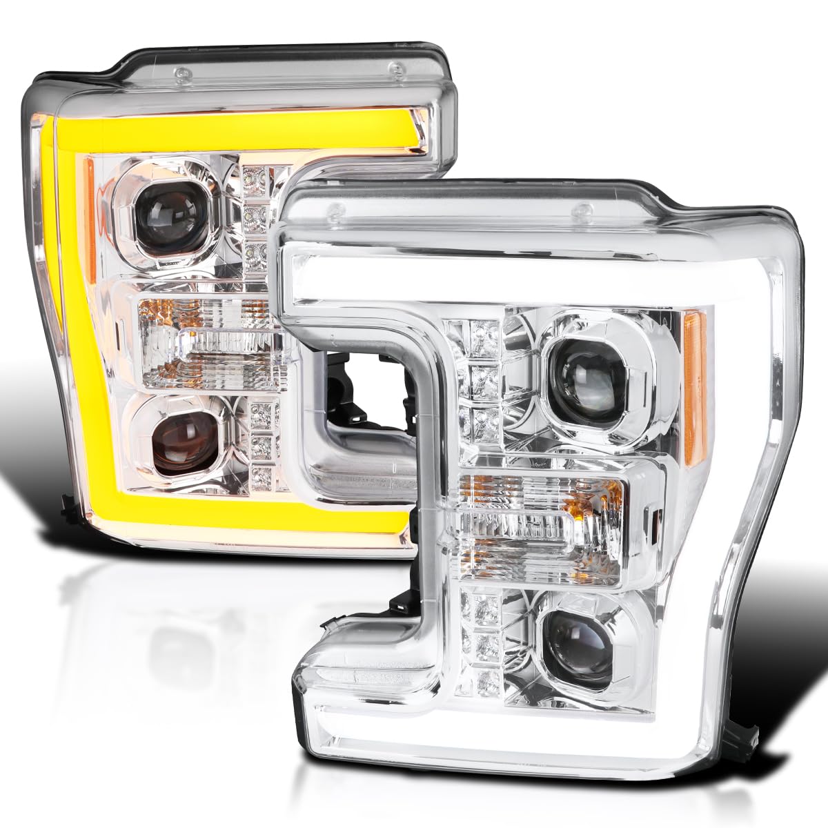 Chrome Projector Headlights SPEC-D TUNING w/Switchback LED Turn Signal Compatible with 2017-2019 Ford F-250, F-350, F-450, F-550 Super Duty, Left + Right Pair Headlamps Assembly