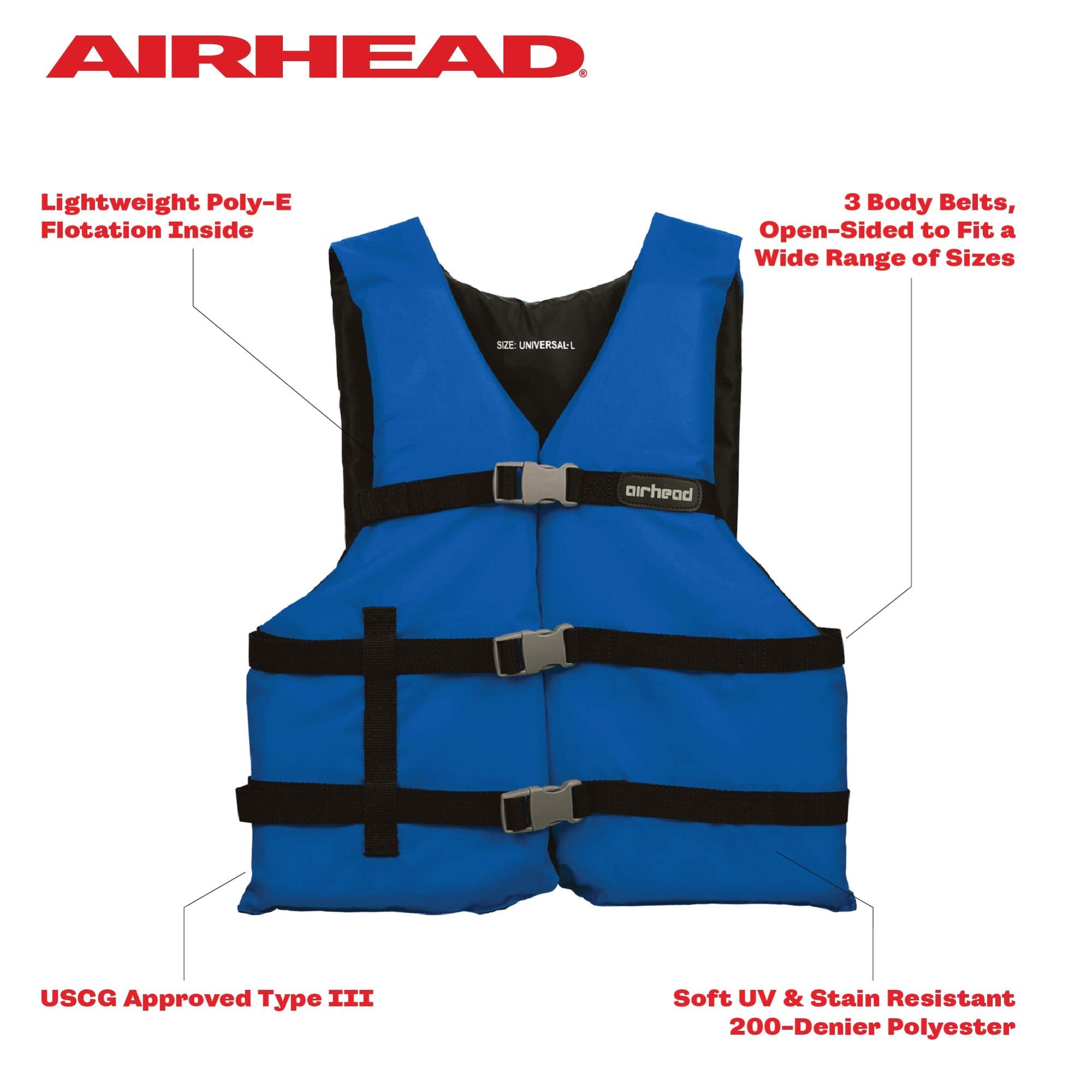 AIRHEAD Life Jacket General All Purpose, US Coast Guard Approved Type III Life Vest perfect for Boating and Personal Watercraft Use