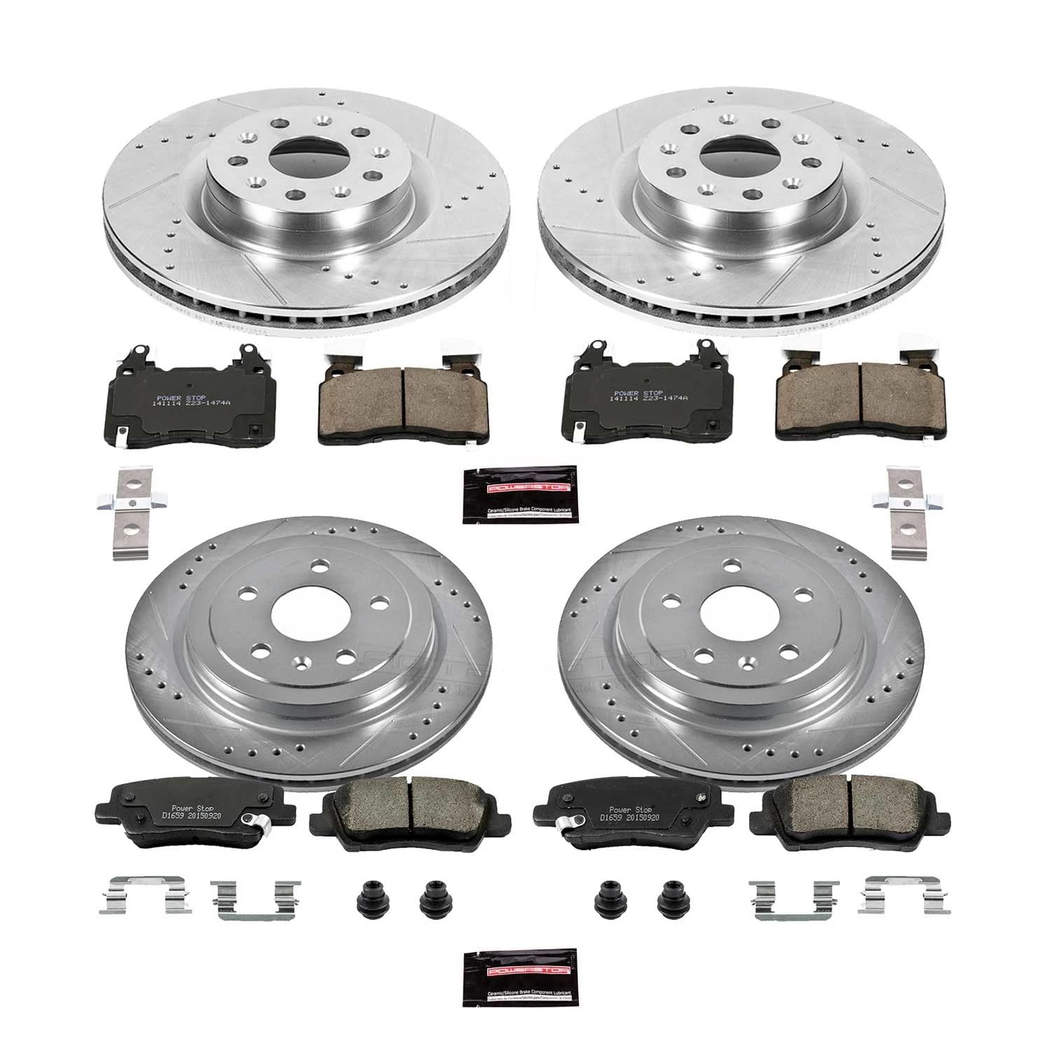 Power Stop K6997 Z23 Carbon Fiber Brake Pads Front and Rear with Drilled & Slotted Brake Rotors Kit For Cadillac CTS 2014-2019 [Model Specific]