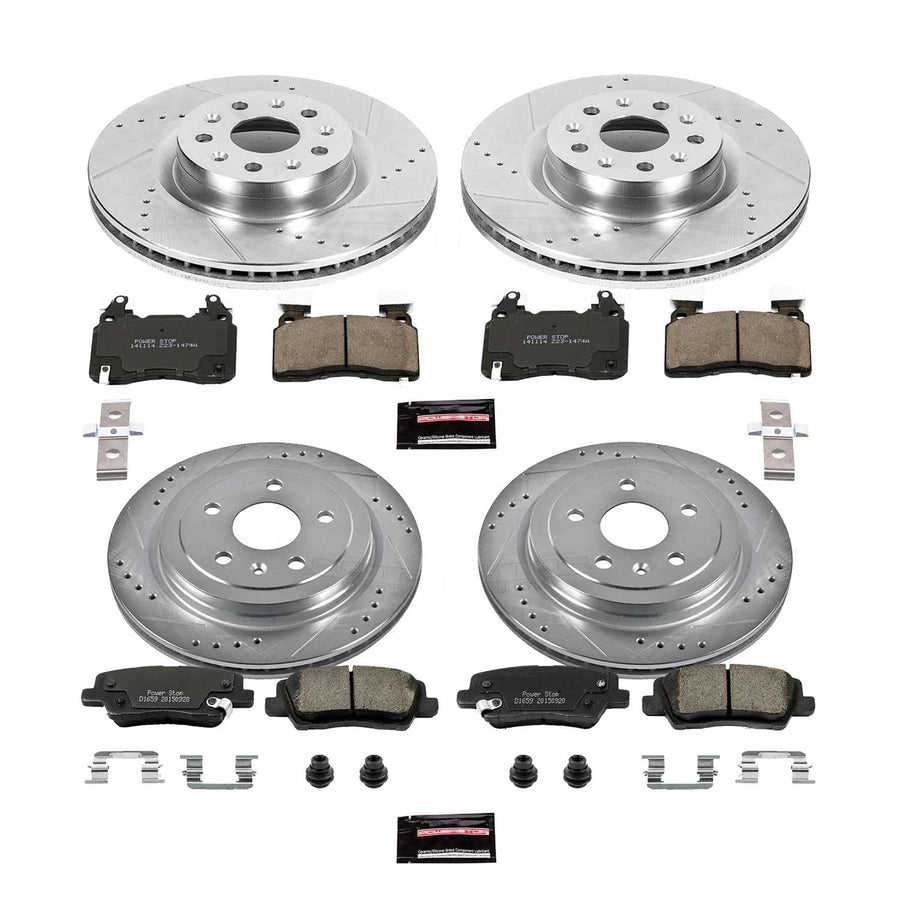 Power Stop K6997 Z23 Carbon Fiber Brake Pads Front and Rear with Drilled & Slotted Brake Rotors Kit For Cadillac CTS 2014-2019 [Model Specific]