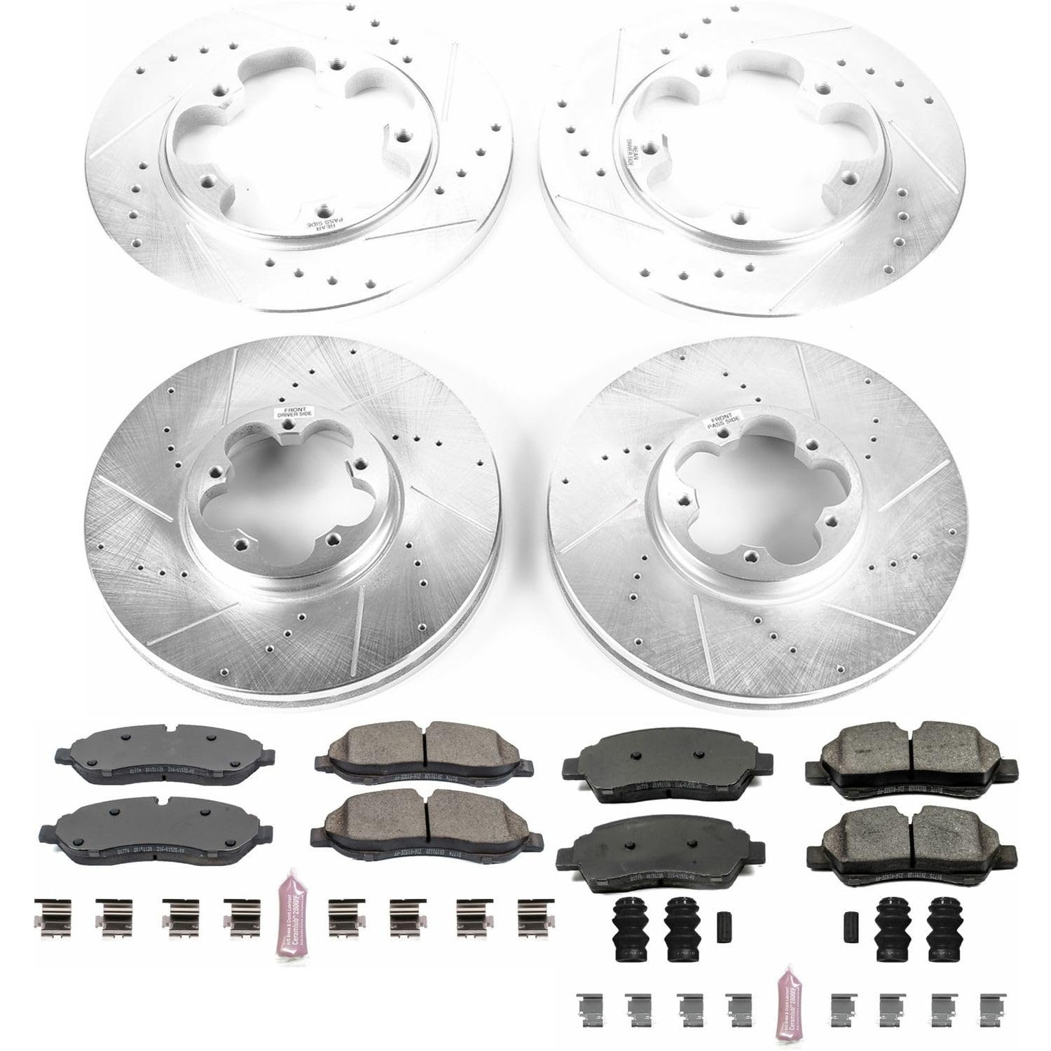 Power Stop K7235 Z23 Carbon Fiber Brake Pads Front and Rear with Drilled & Slotted Brake Rotors Kit For Ford Transit-150, Ford Transit-250, Ford Transit-350 [Model Specific]