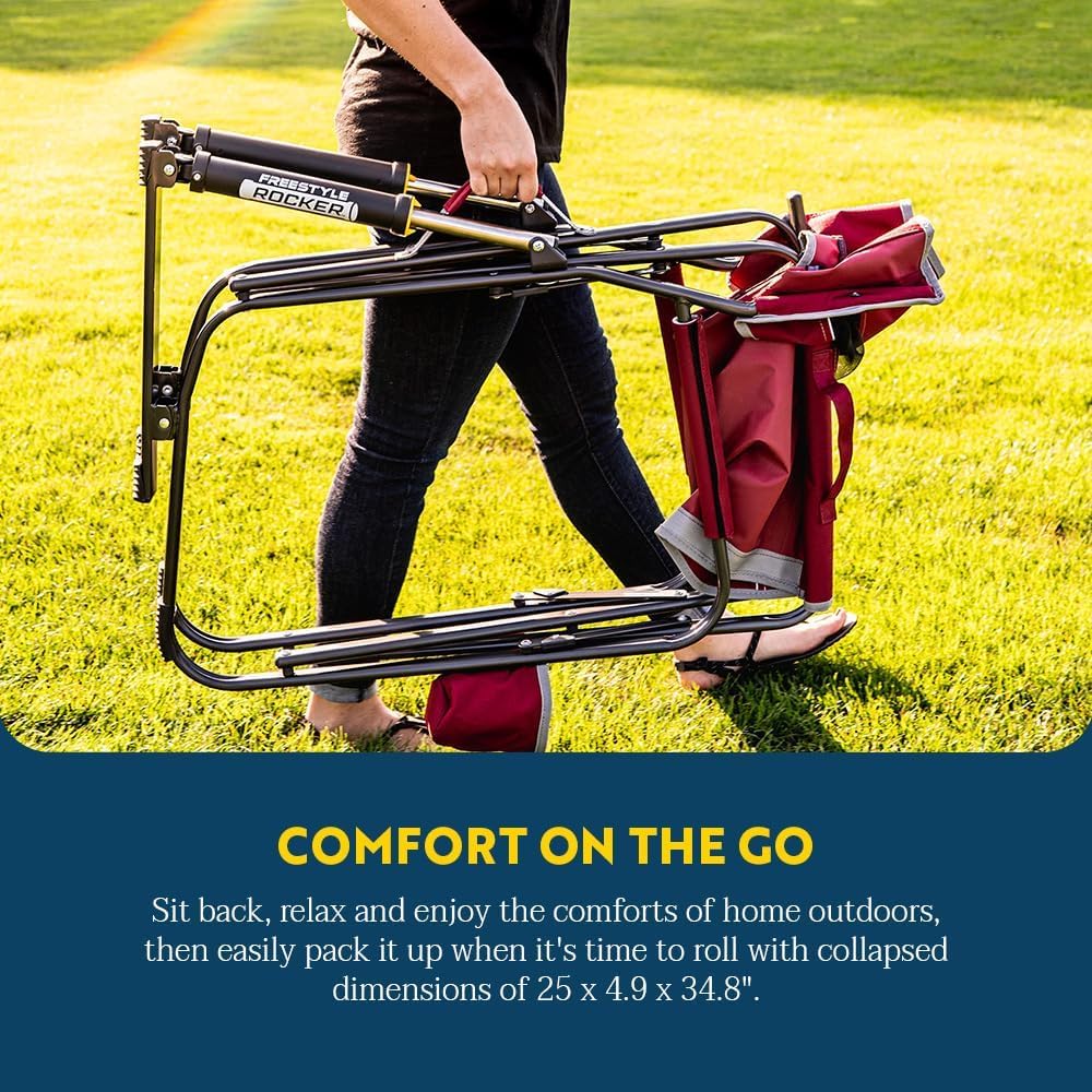 GCI Outdoor Camping Chair Freestyle Rocker | Portable Folding Rocking Chair with Solid, Durable Armrests, Drink Holder & Comfortable Backrest — Cinnamon
