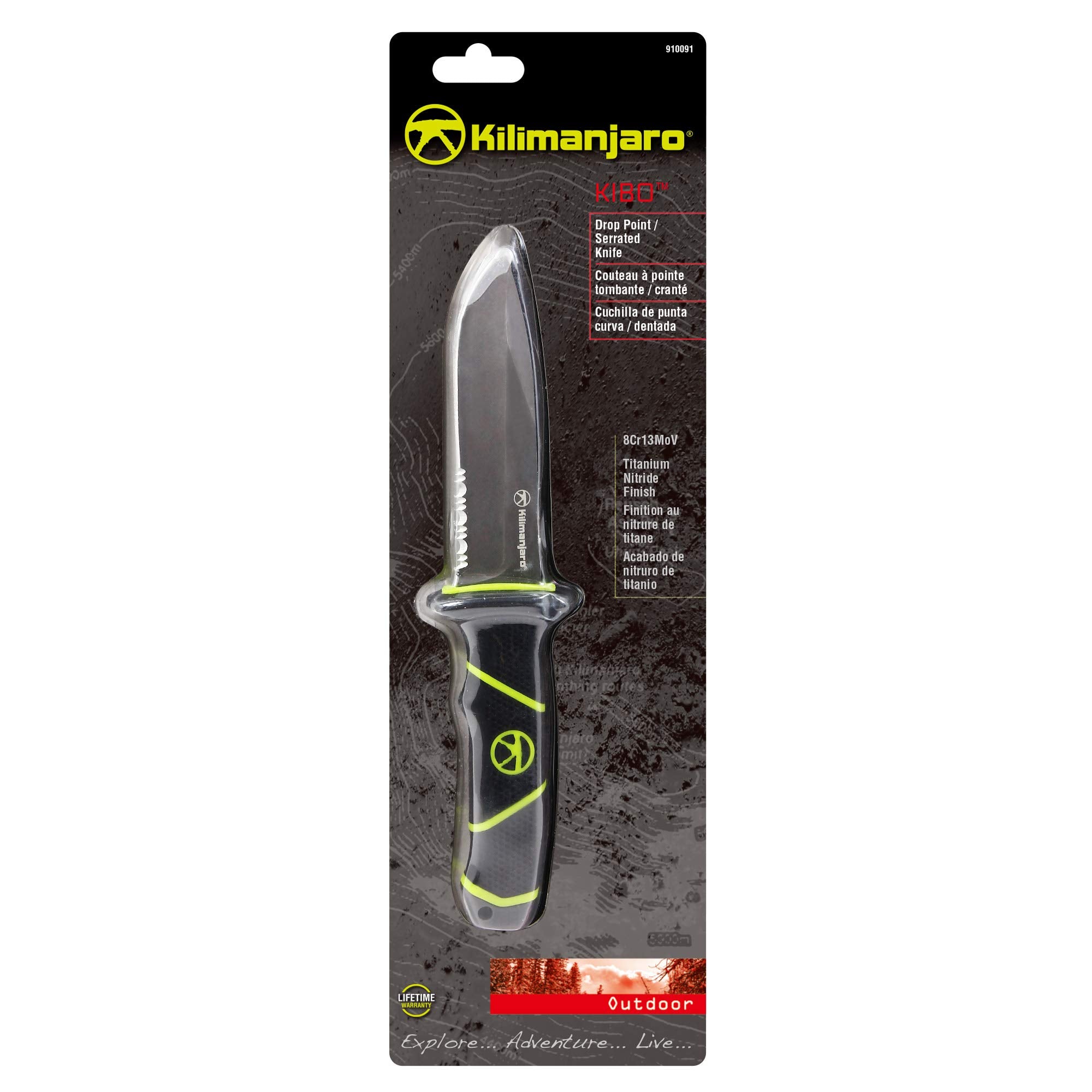 Kilimanjaro 10 Inch Kibo Fixed Blade Knife – 8Cr13MoV Semi-Serrated Stainless Steel Drop Point Blade, Rubberized High-Grip Handle, MOLLE Sheath, Outdoor Survival Hunting Knife – 910091