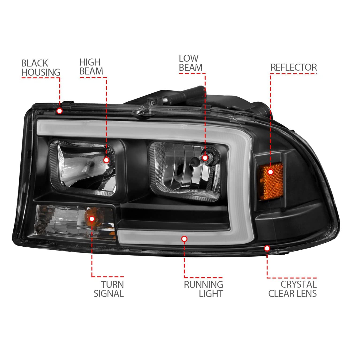 97-04 Dodge Dakota/Durango ANZO Crystal Headlight Set w/Light Bar Black Housing
