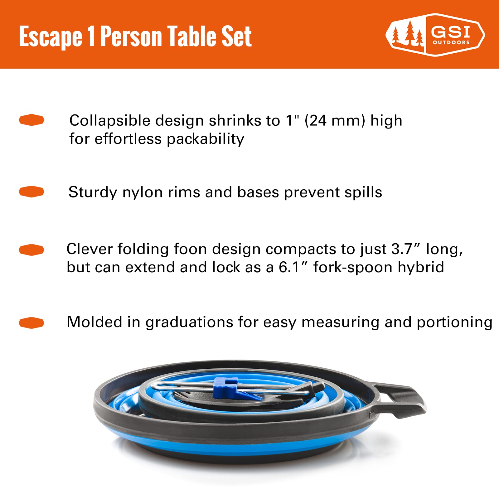 GSI Outdoors 1 Person Escape Camp Table, Backpacking Set with Collapsible Bowl, Cup, Spork