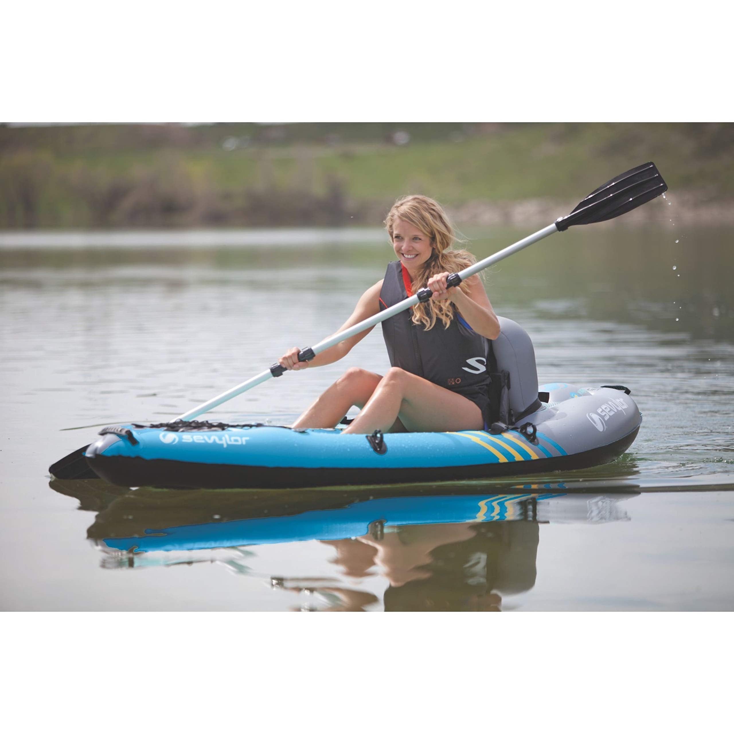 Sevylor K1 QuickPak 1-Person Inflatable Kayak, Kayak Folds into Backpack with 5-Minute Setup, 21-Gauge PVC Construction; Hand Pump & Paddle Included
