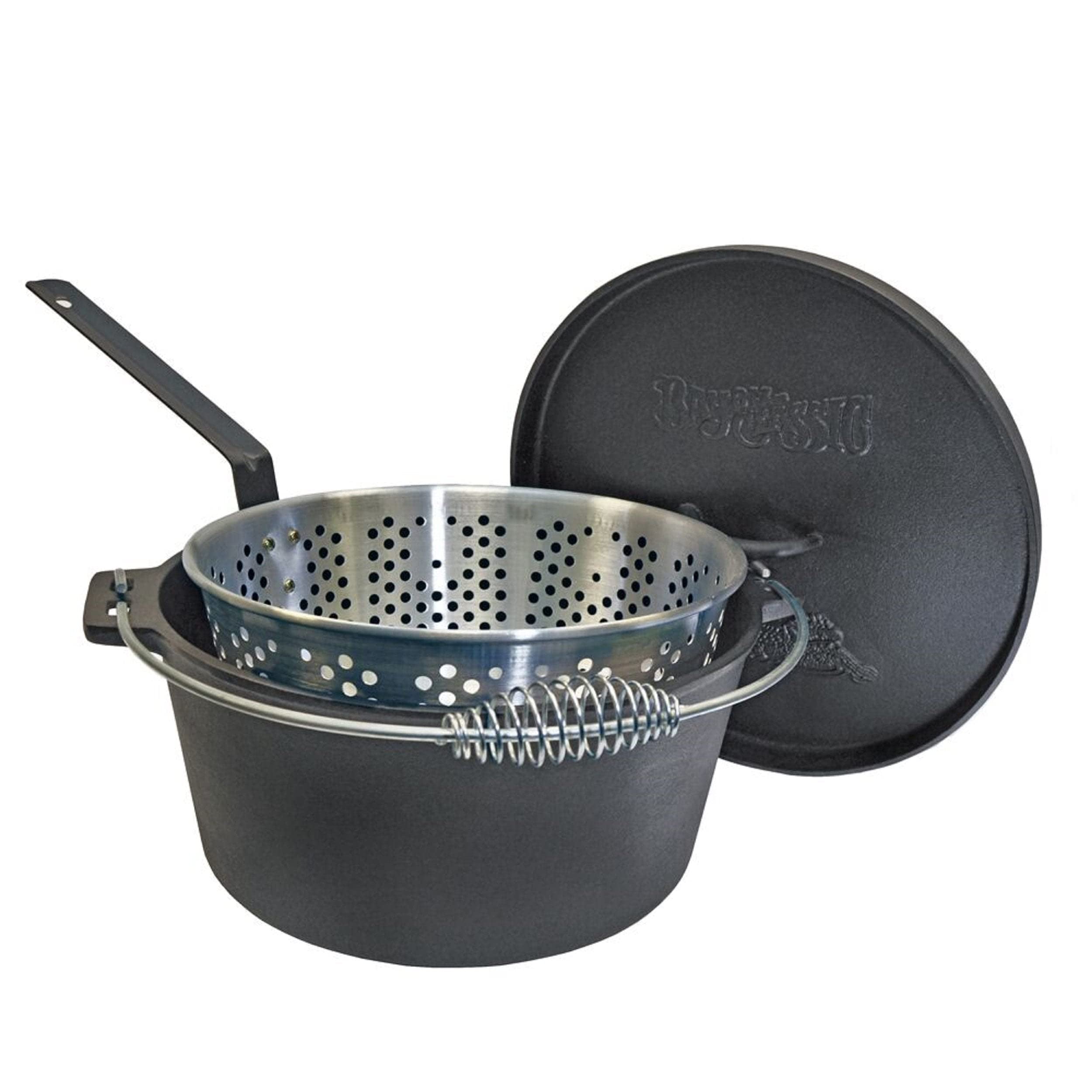 Bayou Classic Dutch Oven Cast Iron w/ Fry Basket Features Flanged Camp Lid Perforated Aluminum Basket Stainless Coil Wire Handle Grip, 20-qt Perfect For Frying Fish Chicken Shrimp & More