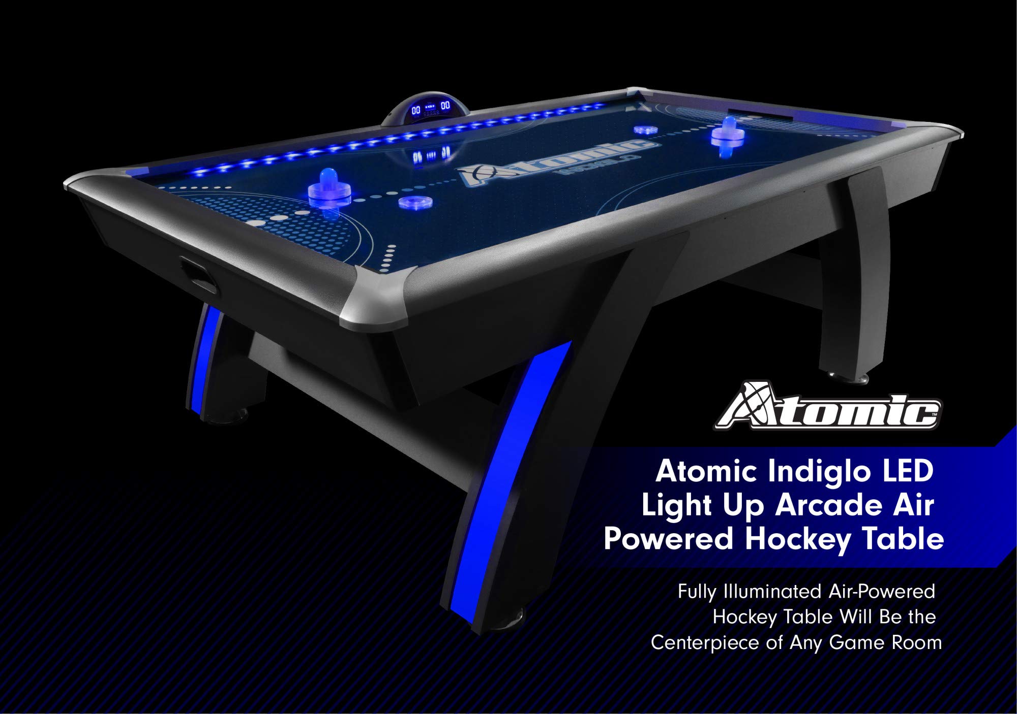 90” Atomic Indiglo LED Light UP Arcade Air Powered Hockey Table - Includes Light Up Pucks and Pushers, Grey